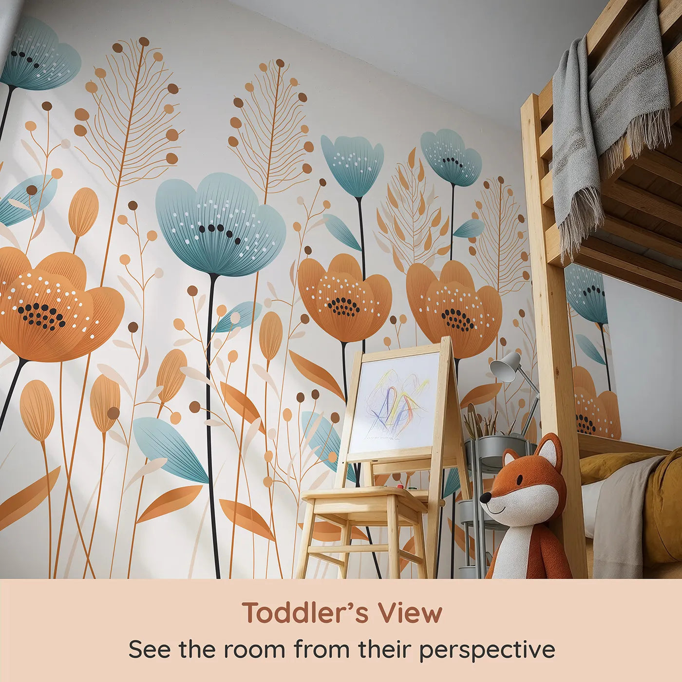 Whimsy Tots Minimalist Flower Meadow Wall Mural in Blue (Turn Their Room into a Field of Simple, Modern Flowers) from your child's view.Gender-Neutral
