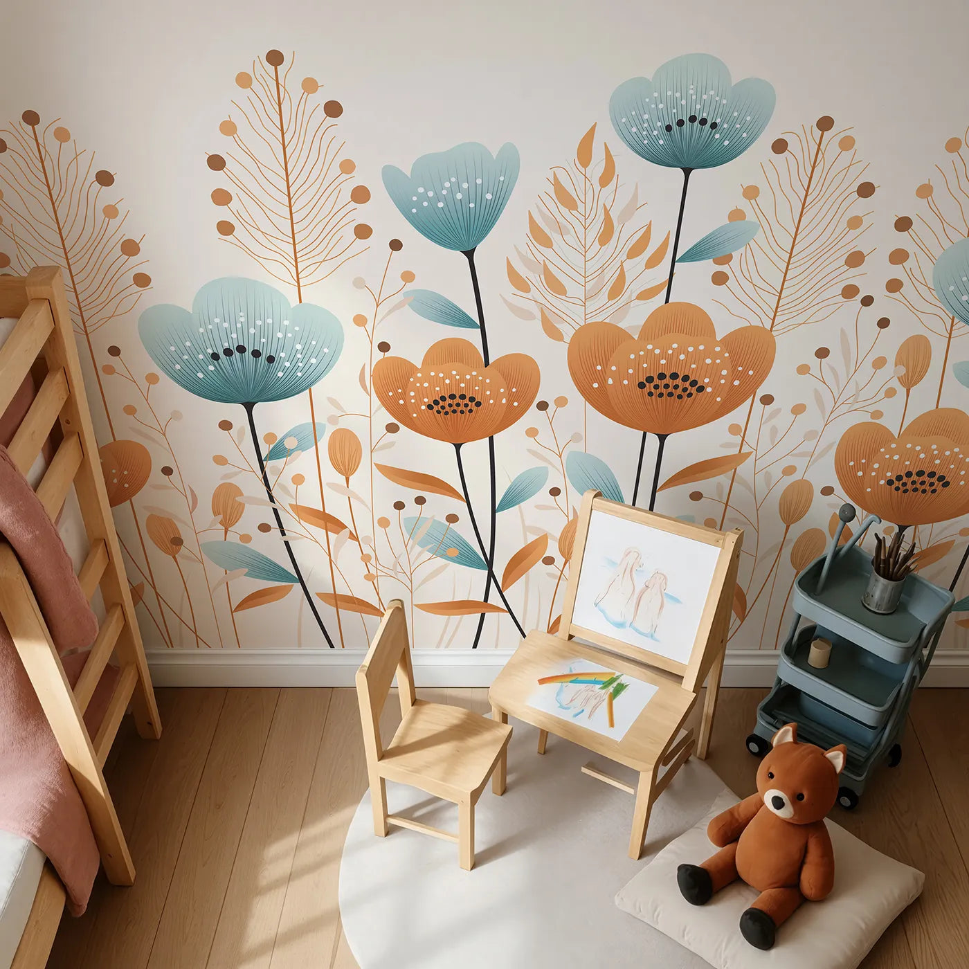 Top-down view of Whimsy Tots' Minimalist Flower Meadow Wall Mural in Blue (Turn Their Room into a Field of Simple, Modern Flowers).Gender-Neutral