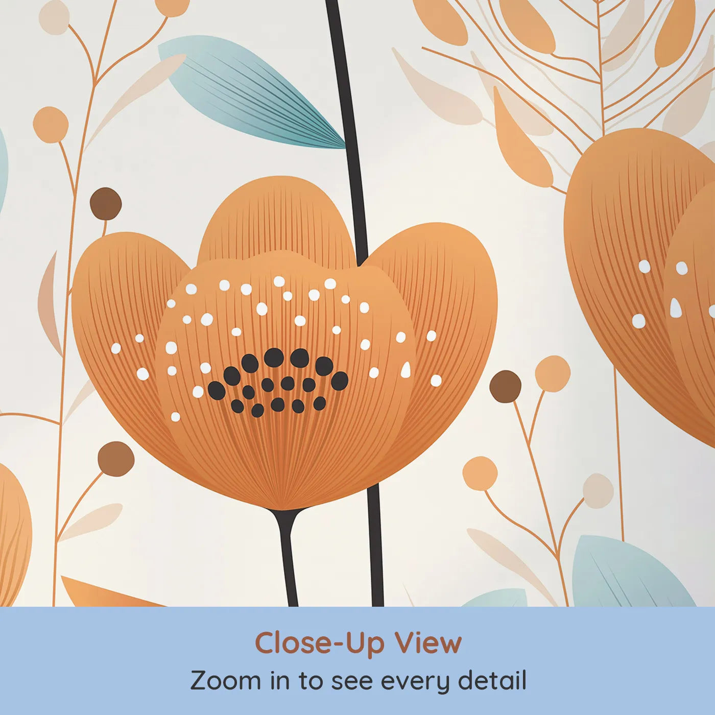 Close-up view of Whimsy Tots' Minimalist Flower Meadow Wall Mural in Blue (Turn Their Room into a Field of Simple, Modern Flowers).Gender-Neutral