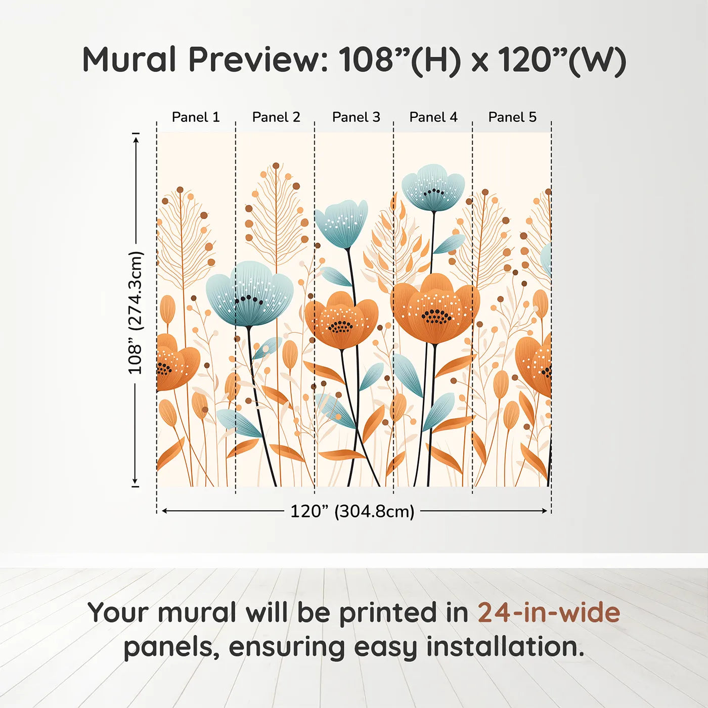 Whimsy Tots Minimalist Flower Meadow Wall Mural in Bluedimension view (108" H x 120" W). Printed in five 24-inch-wide panels. Gender-Neutral