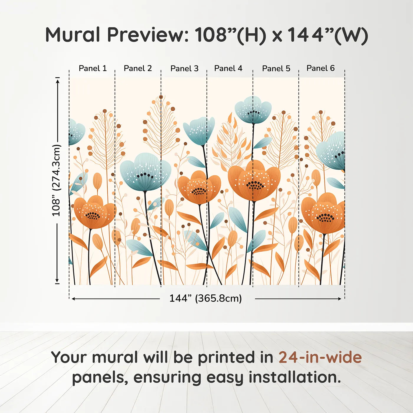 Whimsy Tots Minimalist Flower Meadow Wall Mural in Bluedimension view (108" H x 144" W). Printed in six 24-inch-wide panels. Gender-Neutral