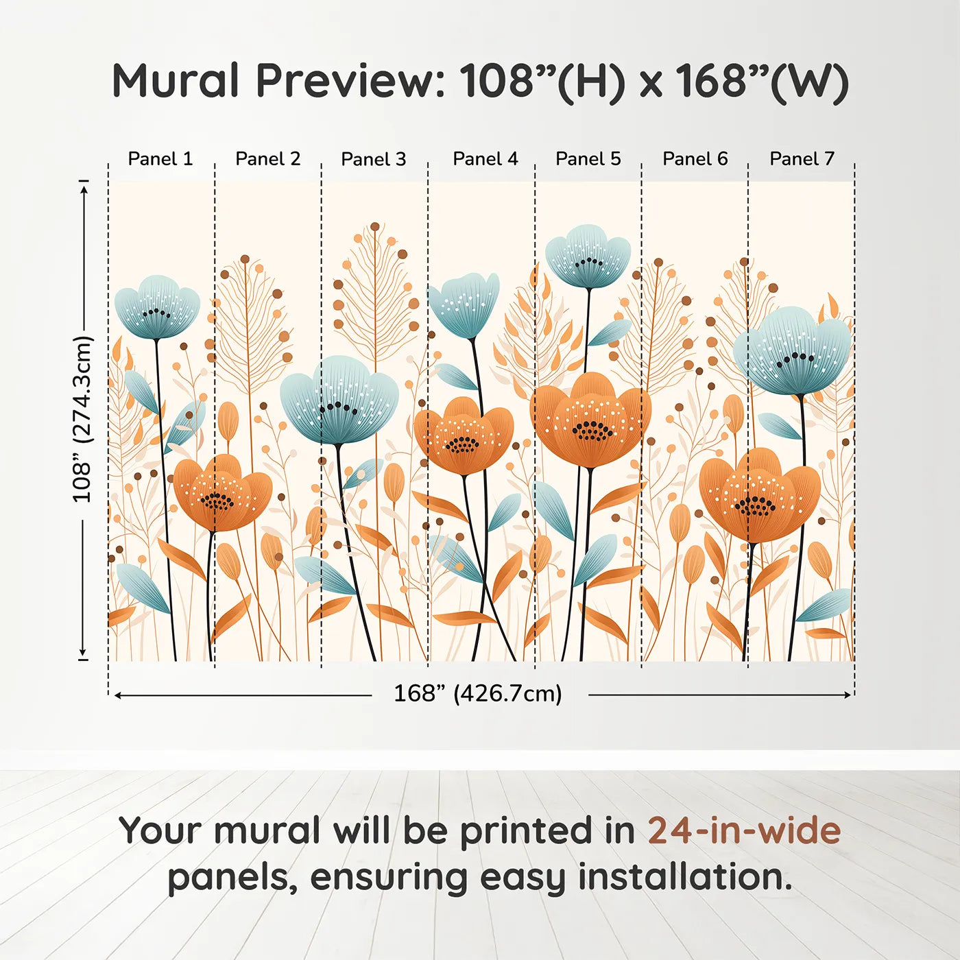 Whimsy Tots Minimalist Flower Meadow Wall Mural in Bluedimension view (108" H x 168" W). Printed in seven 24-inch-wide panels. Gender-Neutral
