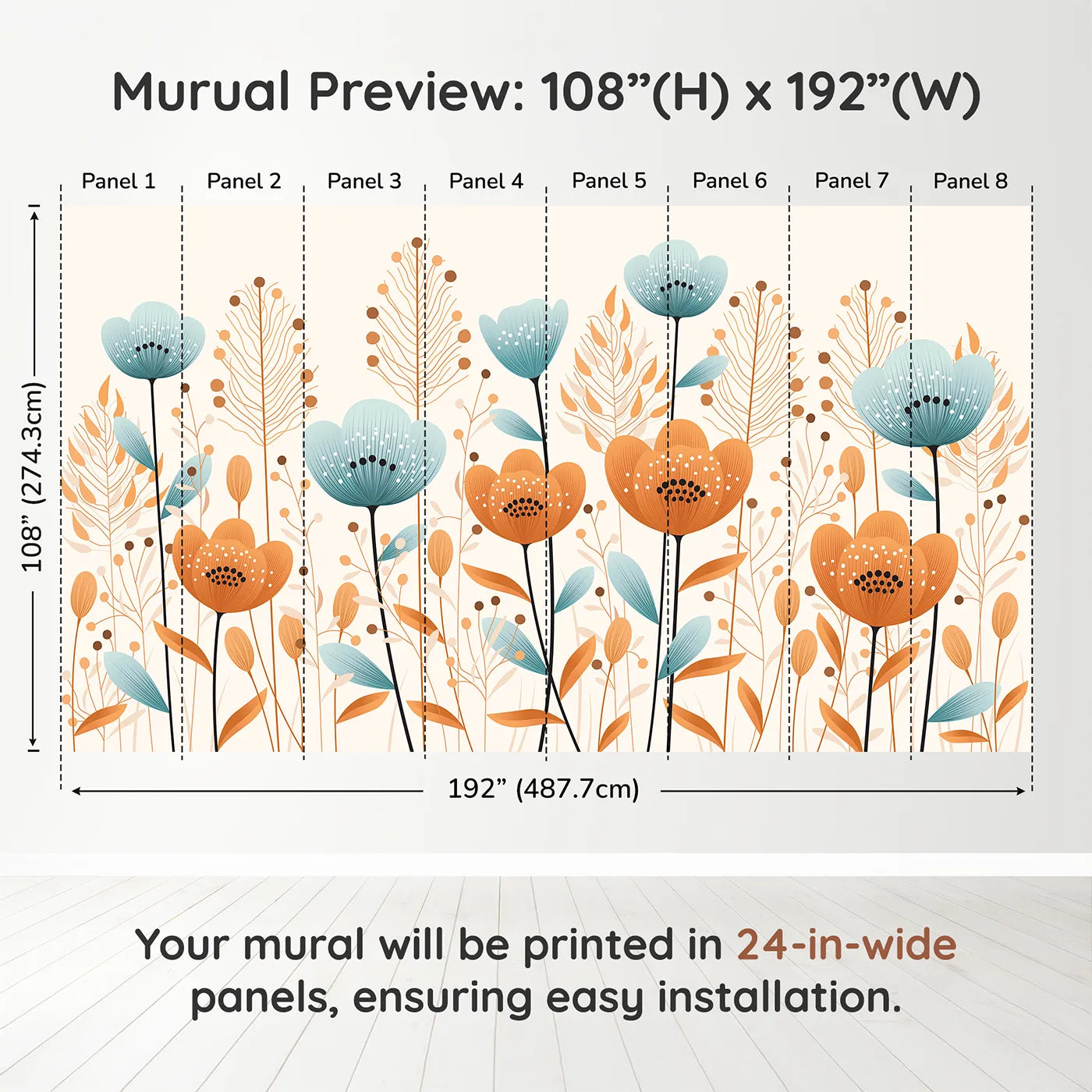 Whimsy Tots Minimalist Flower Meadow Wall Mural in Bluedimension view (108" H x 192" W). Printed in eight 24-inch-wide panels. Gender-Neutral