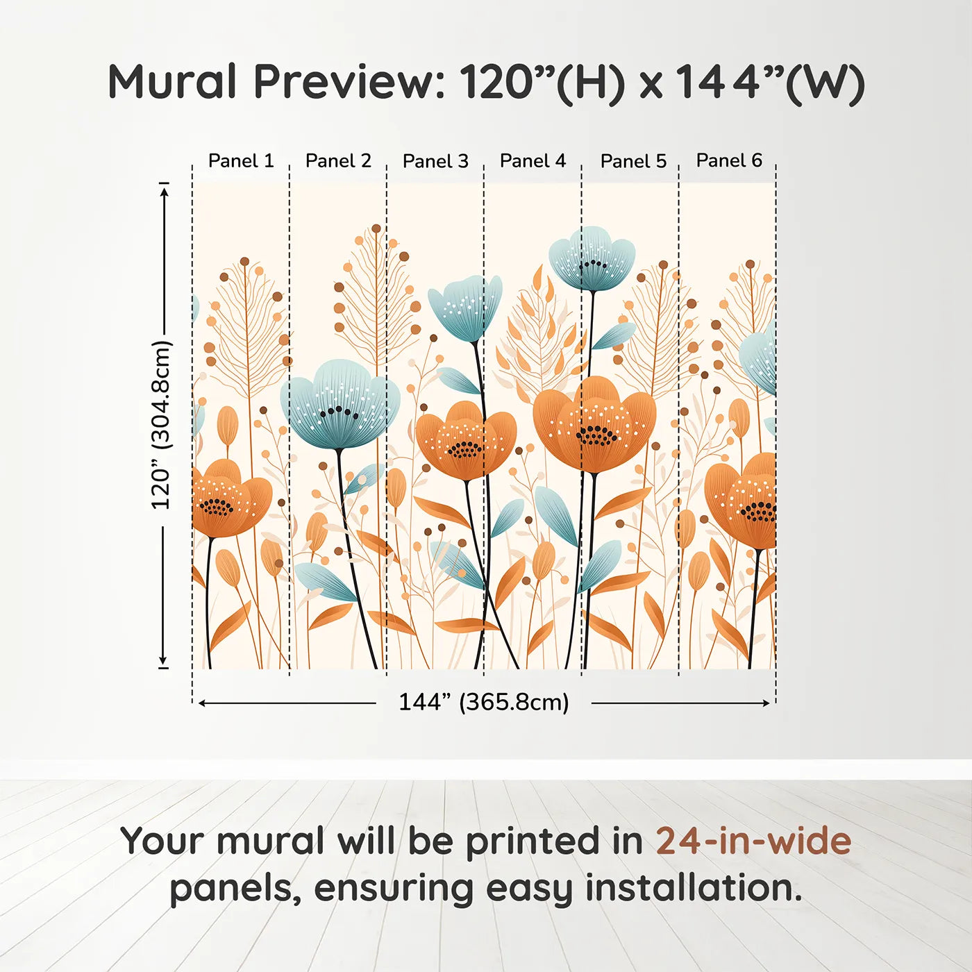 Whimsy Tots Minimalist Flower Meadow Wall Mural in Bluedimension view (120" H x 144" W). Printed in six 24-inch-wide panels. Gender-Neutral