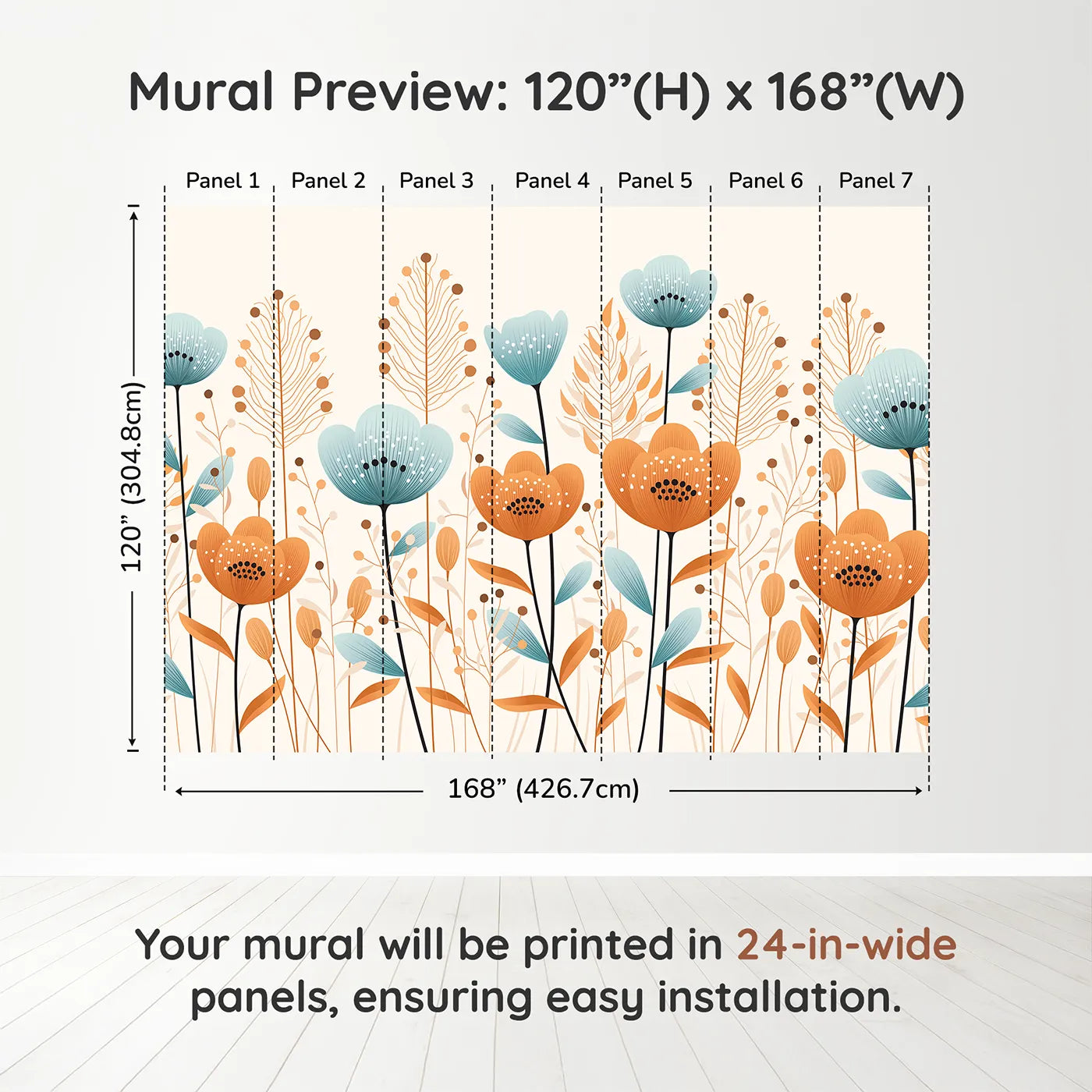 Whimsy Tots Minimalist Flower Meadow Wall Mural in Bluedimension view (120" H x 168" W). Printed in seven 24-inch-wide panels. Gender-Neutral