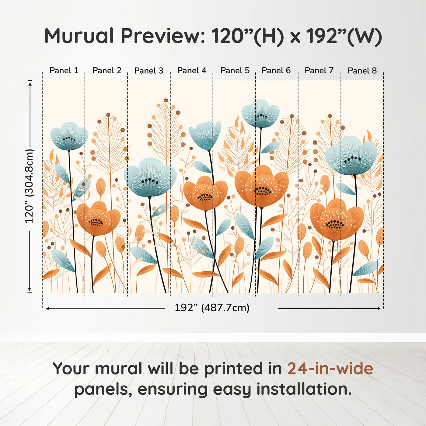 Whimsy Tots Minimalist Flower Meadow Wall Mural in Bluedimension view (120" H x 192" W). Printed in eight 24-inch-wide panels. Gender-Neutral