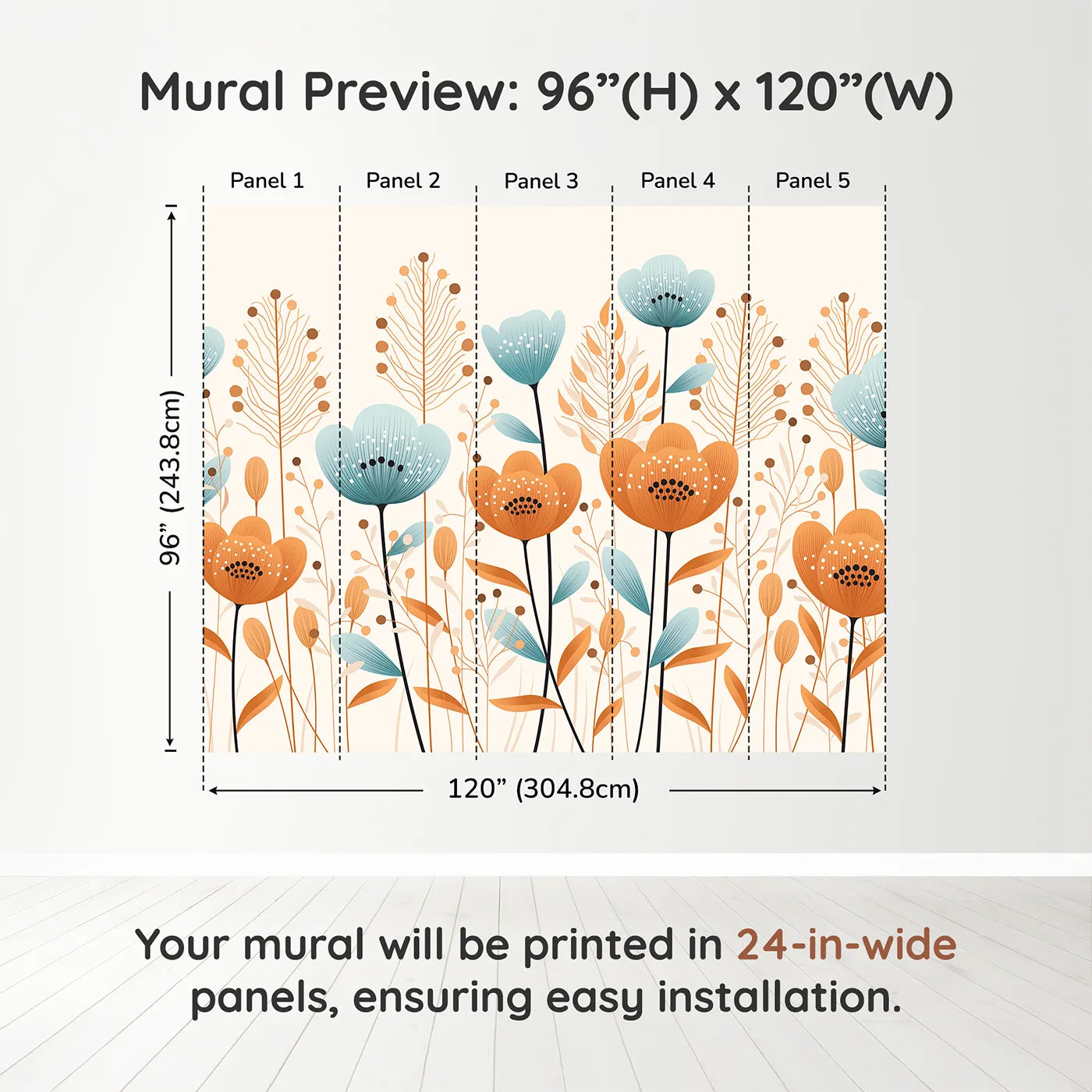 Whimsy Tots Minimalist Flower Meadow Wall Mural in Bluedimension view (96" H x 120" W). Printed in five 24-inch-wide panels. Gender-Neutral