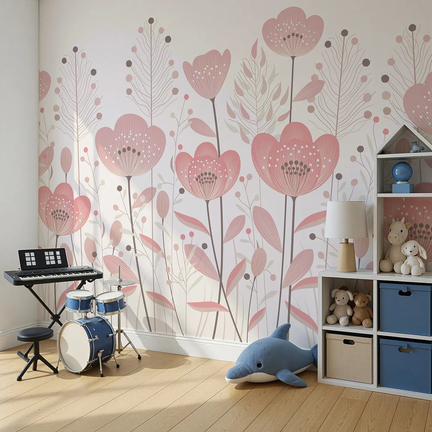 Angled view of Whimsy Tots' Minimalist Flower Meadow Wall Mural in Pink (Turn Their Room into a Field of Simple, Modern Flowers).Best for Girls