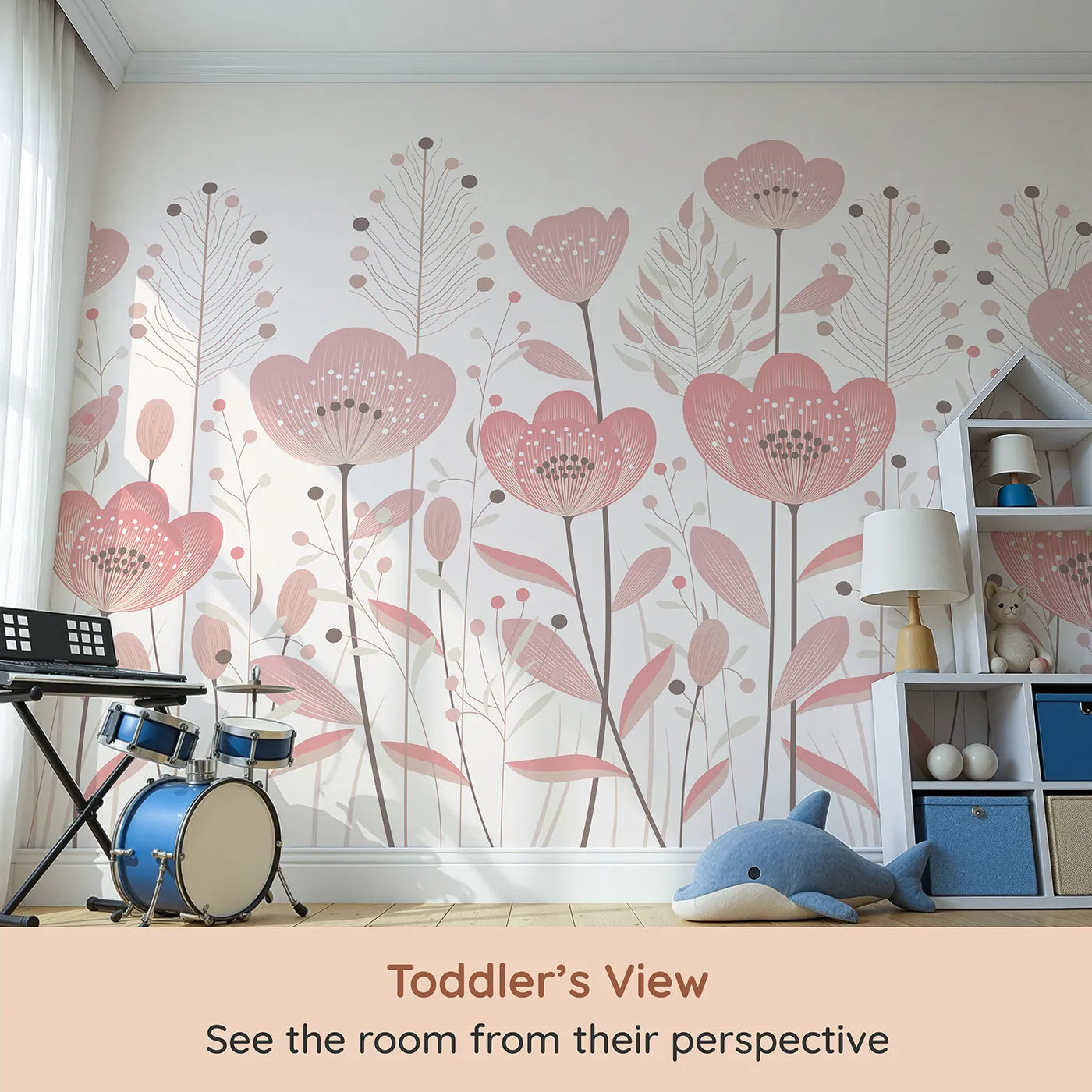 Whimsy Tots Minimalist Flower Meadow Wall Mural in Pink (Turn Their Room into a Field of Simple, Modern Flowers) from your child's view.Best for Girls