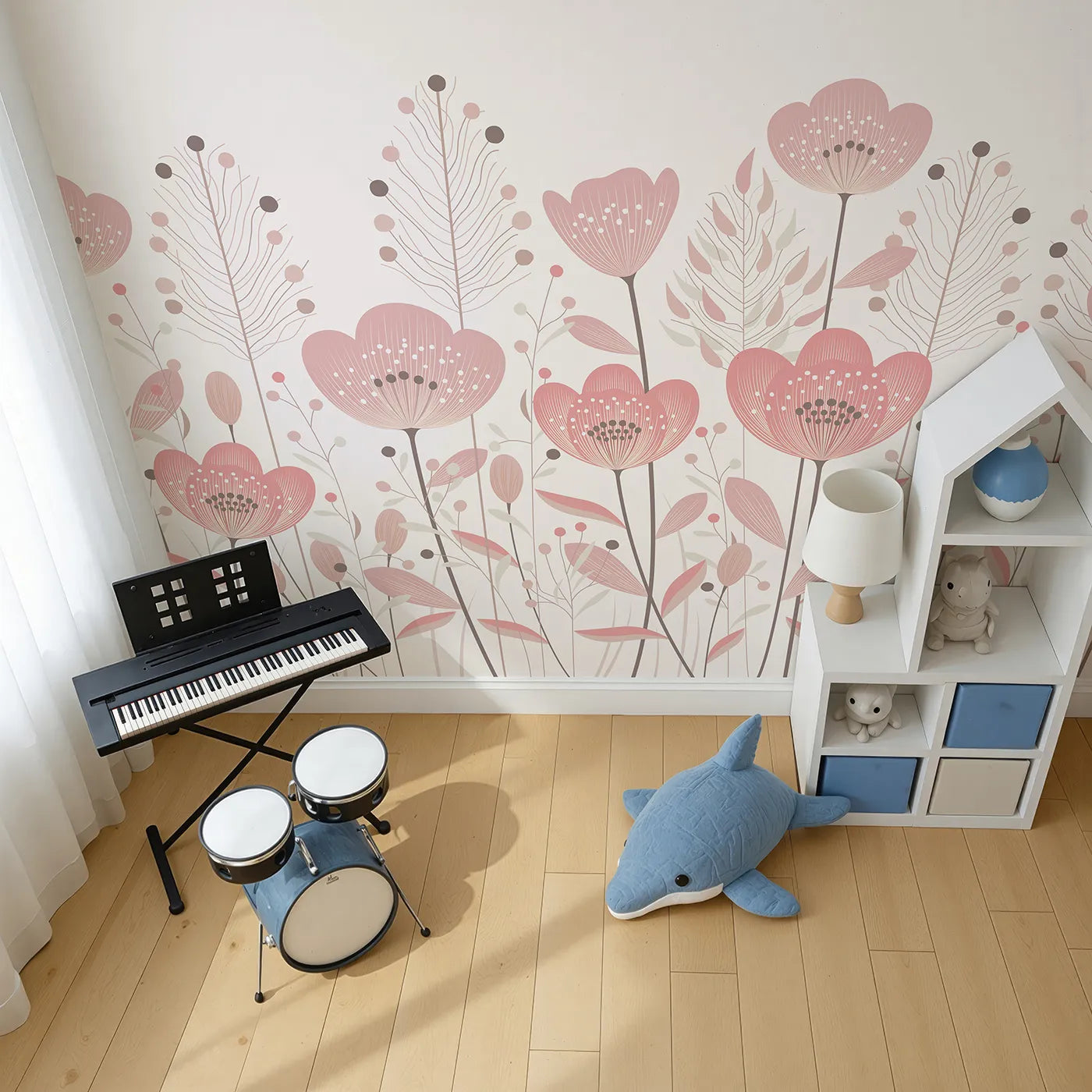 Top-down view of Whimsy Tots' Minimalist Flower Meadow Wall Mural in Pink (Turn Their Room into a Field of Simple, Modern Flowers).Best for Girls