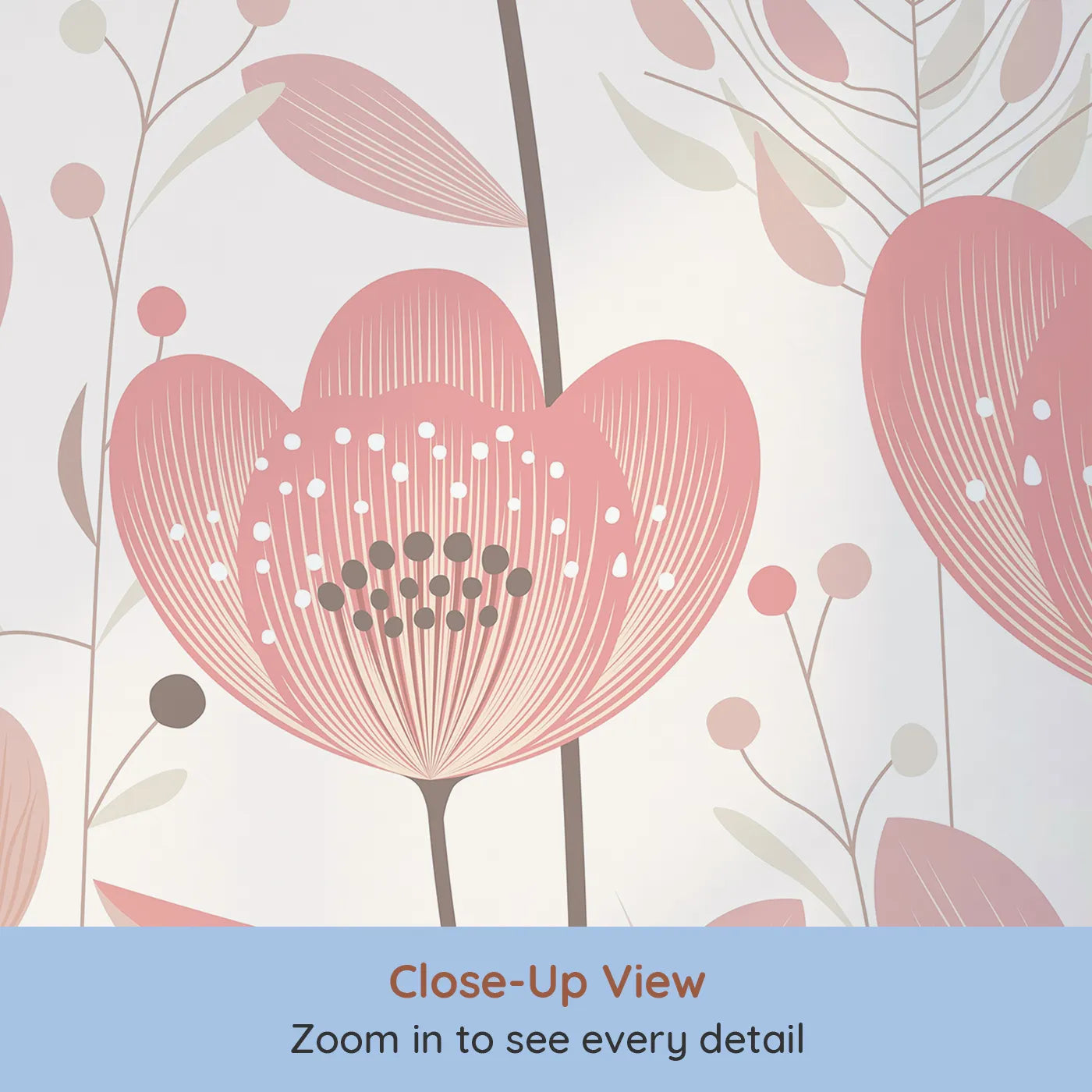 Close-up view of Whimsy Tots' Minimalist Flower Meadow Wall Mural in Pink (Turn Their Room into a Field of Simple, Modern Flowers).Best for Girls