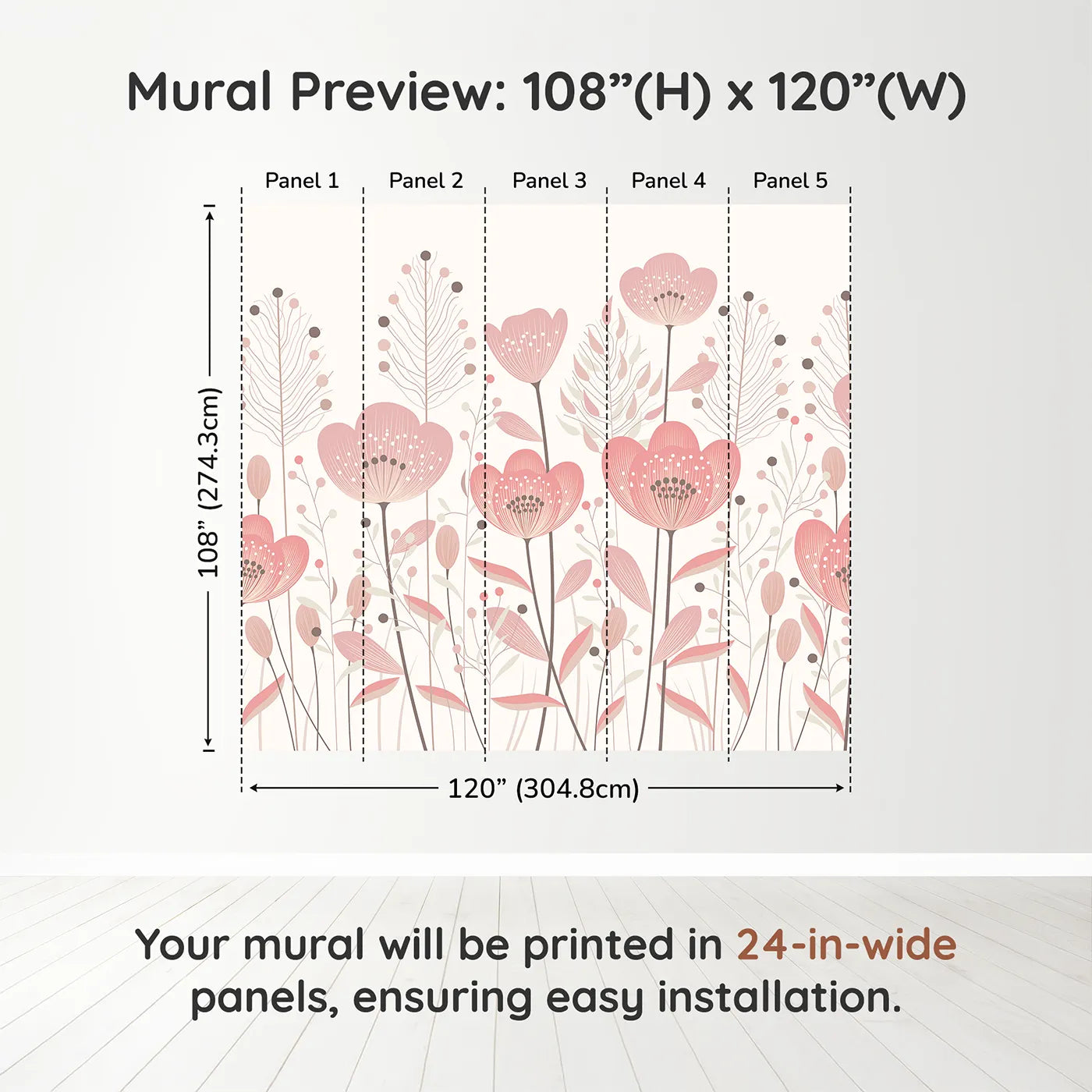 Whimsy Tots Minimalist Flower Meadow Wall Mural in Pinkdimension view (108" H x 120" W). Printed in five 24-inch-wide panels. Best for Girls