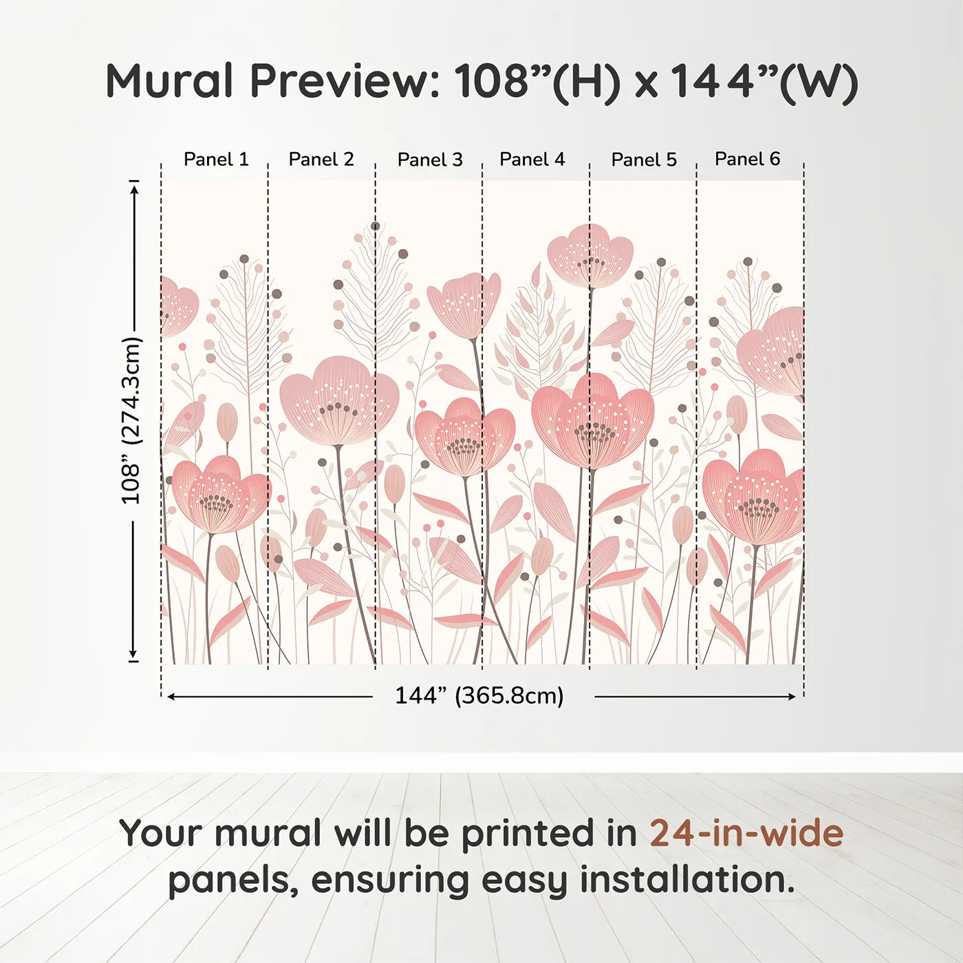 Whimsy Tots Minimalist Flower Meadow Wall Mural in Pinkdimension view (108" H x 144" W). Printed in six 24-inch-wide panels. Best for Girls