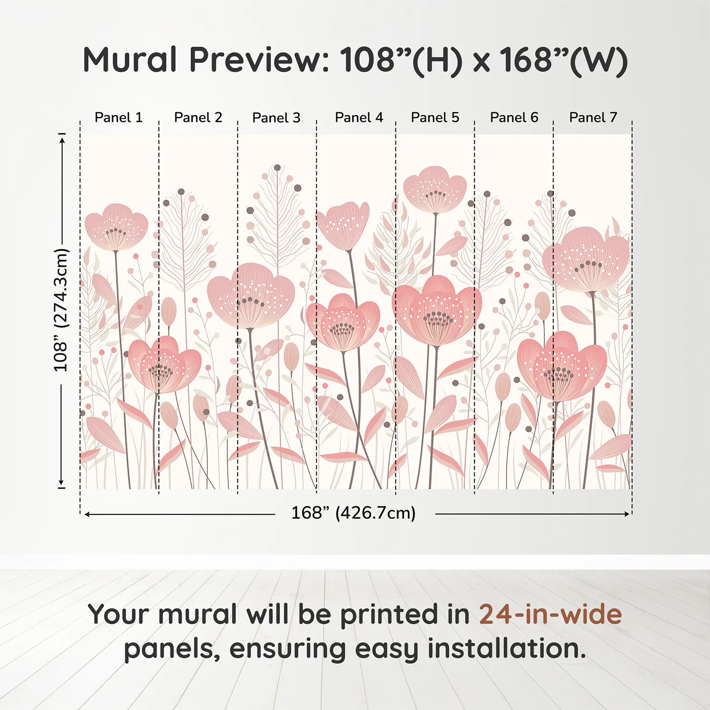 Whimsy Tots Minimalist Flower Meadow Wall Mural in Pinkdimension view (108" H x 168" W). Printed in seven 24-inch-wide panels. Best for Girls