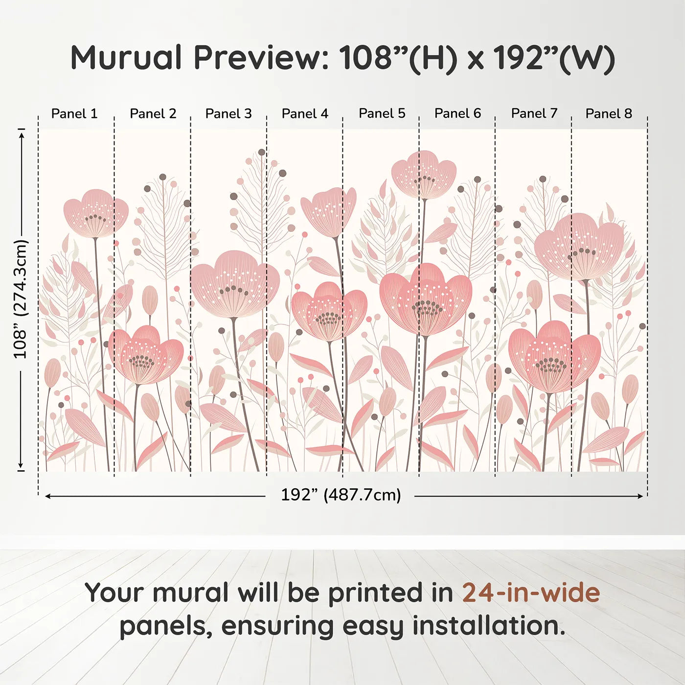 Whimsy Tots Minimalist Flower Meadow Wall Mural in Pinkdimension view (108" H x 192" W). Printed in eight 24-inch-wide panels. Best for Girls