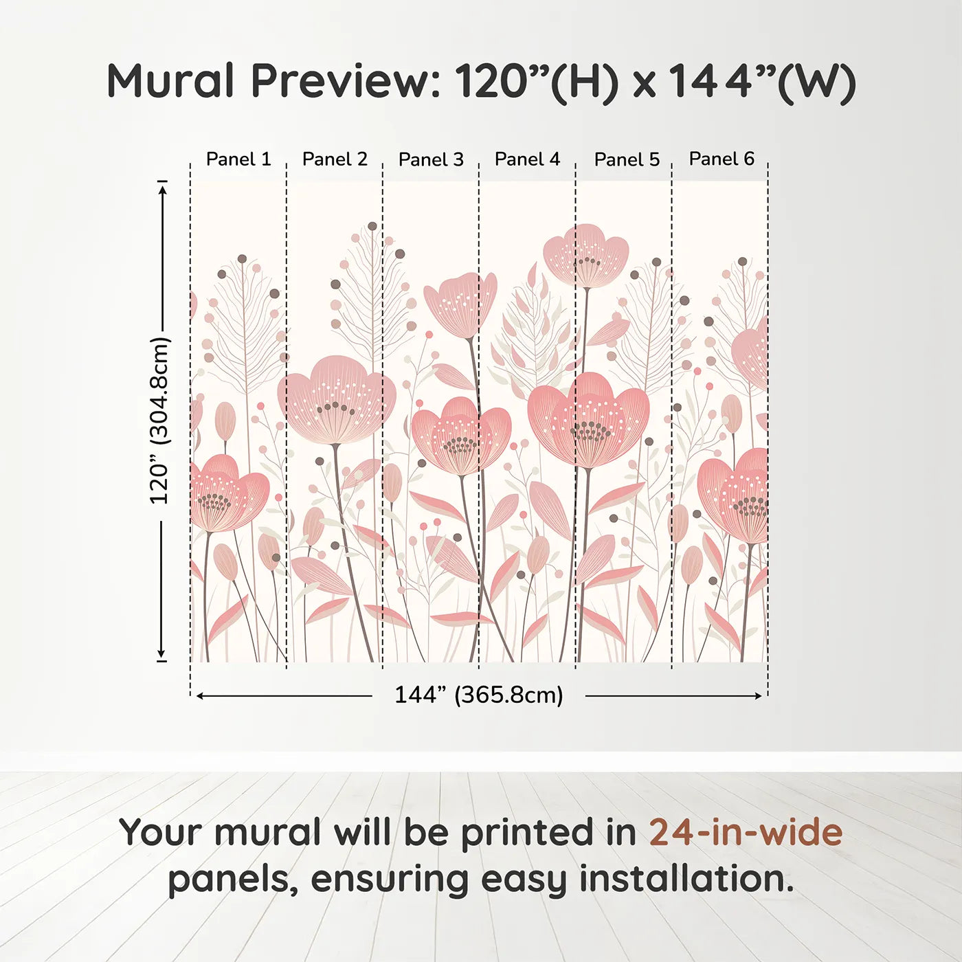 Whimsy Tots Minimalist Flower Meadow Wall Mural in Pinkdimension view (120" H x 144" W). Printed in six 24-inch-wide panels. Best for Girls