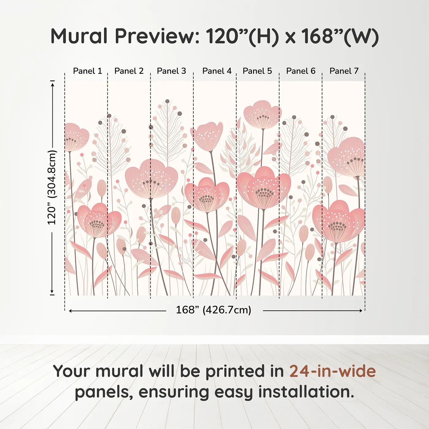 Whimsy Tots Minimalist Flower Meadow Wall Mural in Pinkdimension view (120" H x 168" W). Printed in seven 24-inch-wide panels. Best for Girls