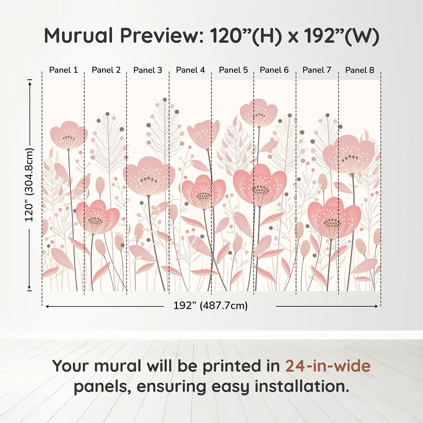 Whimsy Tots Minimalist Flower Meadow Wall Mural in Pinkdimension view (120" H x 192" W). Printed in eight 24-inch-wide panels. Best for Girls