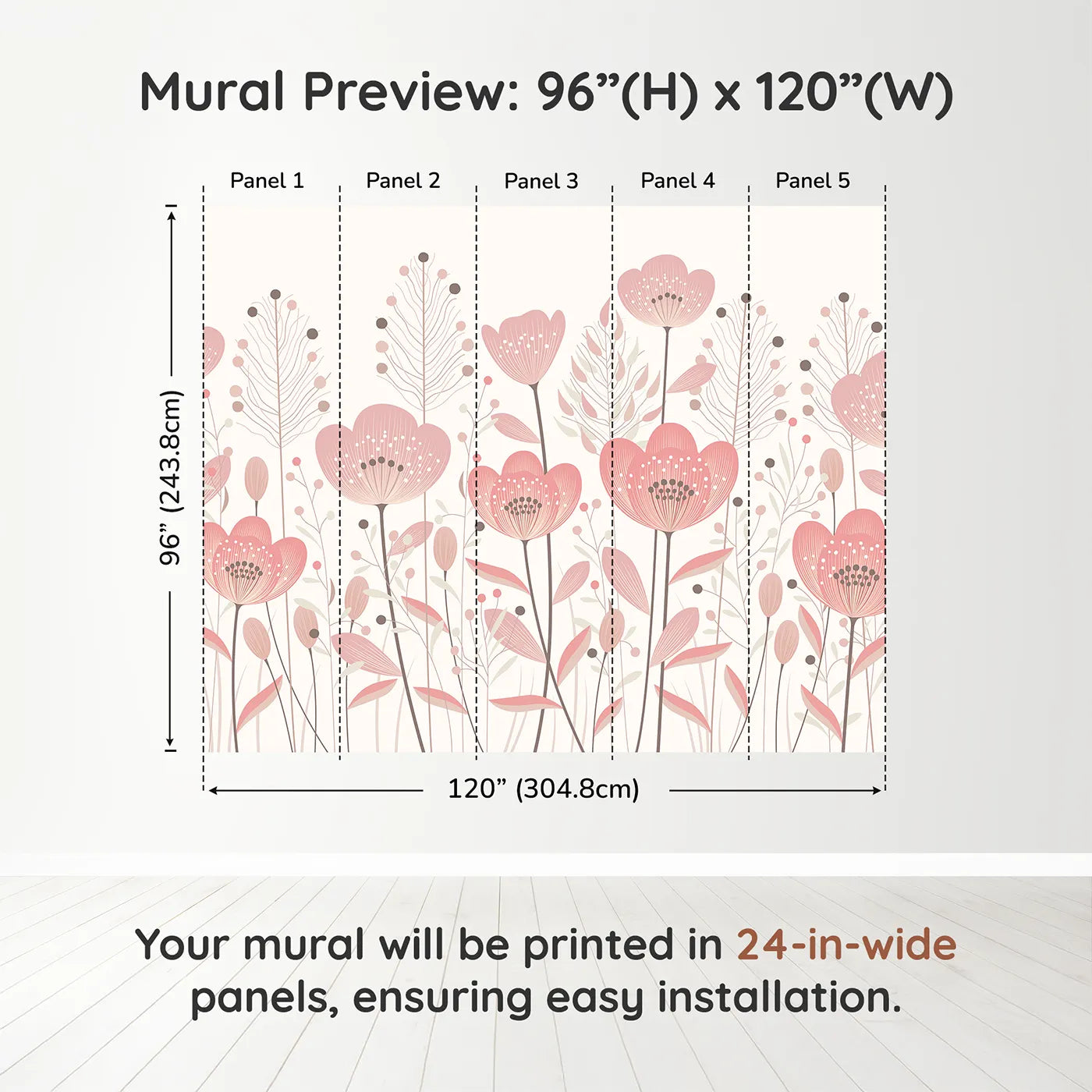 Whimsy Tots Minimalist Flower Meadow Wall Mural in Pinkdimension view (96" H x 120" W). Printed in five 24-inch-wide panels. Best for Girls