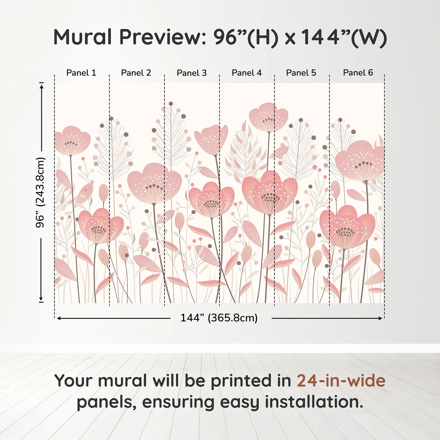 Whimsy Tots Minimalist Flower Meadow Wall Mural in Pinkdimension view (96" H x 144" W). Printed in six 24-inch-wide panels. Best for Girls