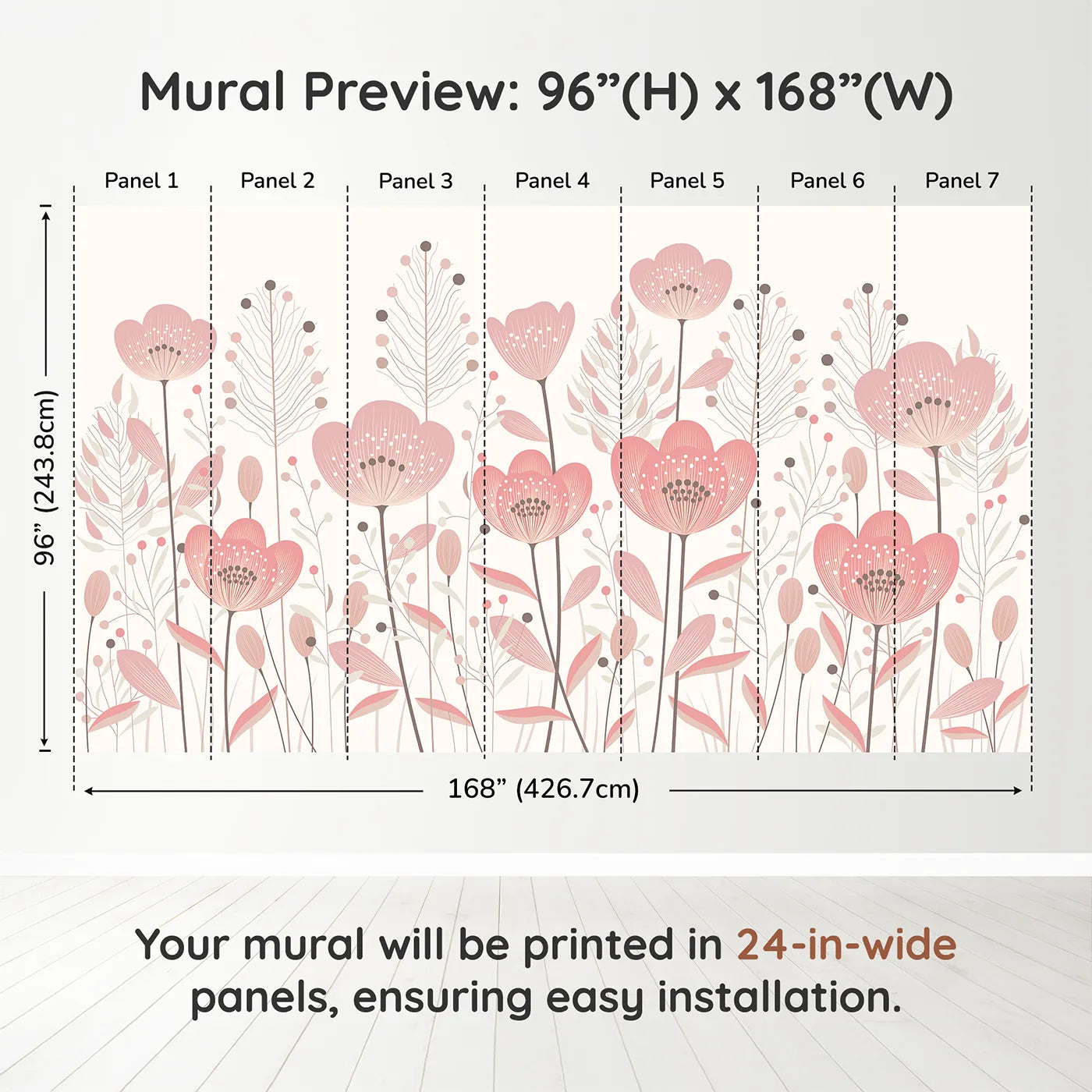 Whimsy Tots Minimalist Flower Meadow Wall Mural in Pinkdimension view (96" H x 168" W). Printed in seven 24-inch-wide panels. Best for Girls