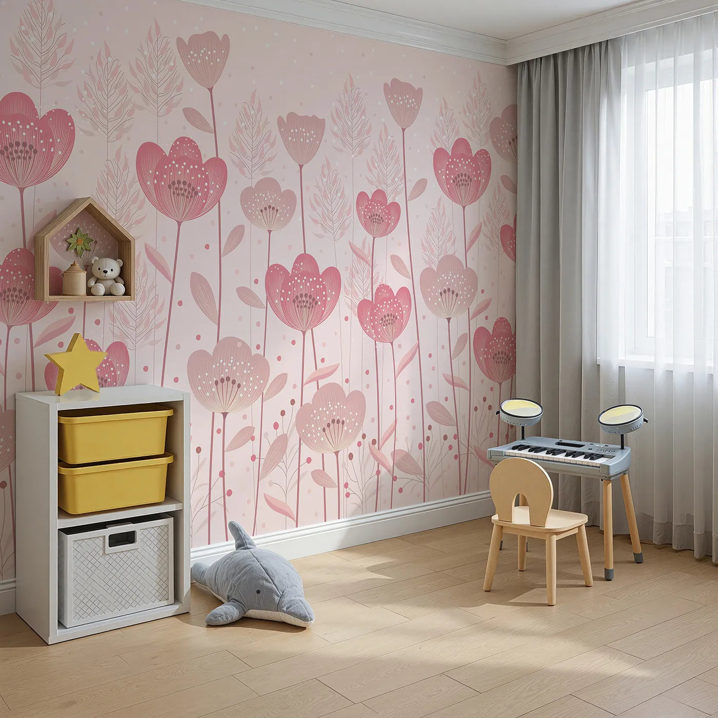 Angled view of Whimsy Tots' Pink Flower Meadow Wall Mural (Turn Their Room into a Field of Gentle, Painted Flowers).Best for Girls