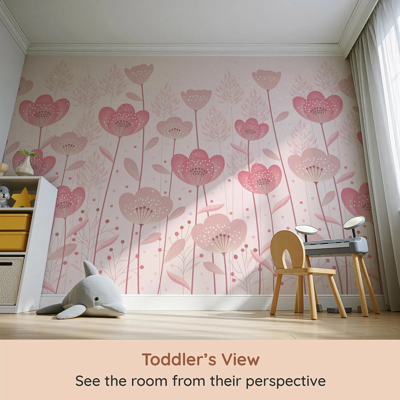 Whimsy Tots Pink Flower Meadow Wall Mural (Turn Their Room into a Field of Gentle, Painted Flowers) from your child's view.Best for Girls