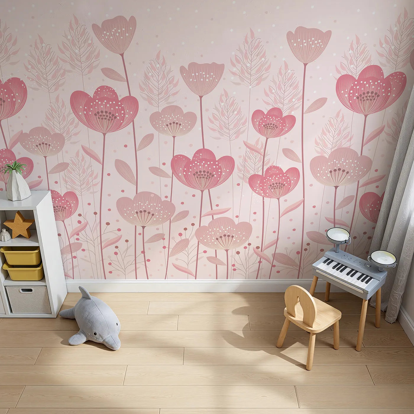 Top-down view of Whimsy Tots' Pink Flower Meadow Wall Mural (Turn Their Room into a Field of Gentle, Painted Flowers).Best for Girls