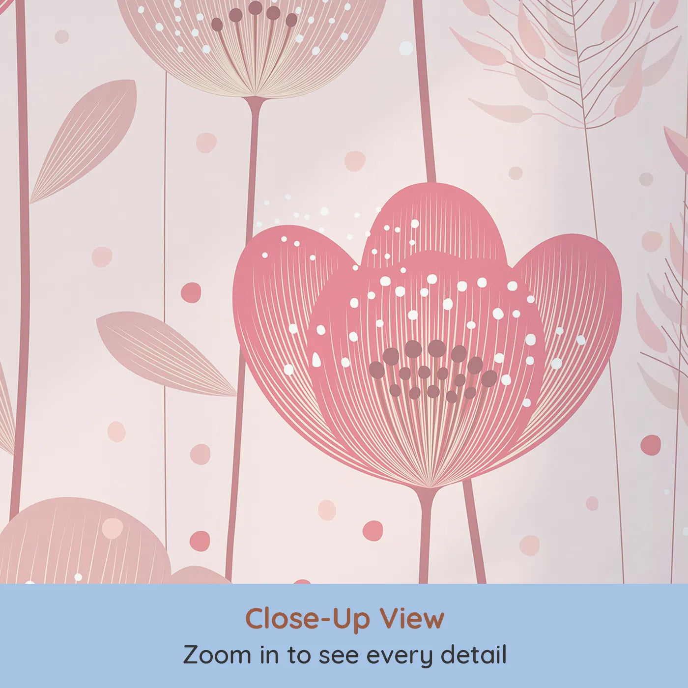 Close-up view of Whimsy Tots' Pink Flower Meadow Wall Mural (Turn Their Room into a Field of Gentle, Painted Flowers).Best for Girls