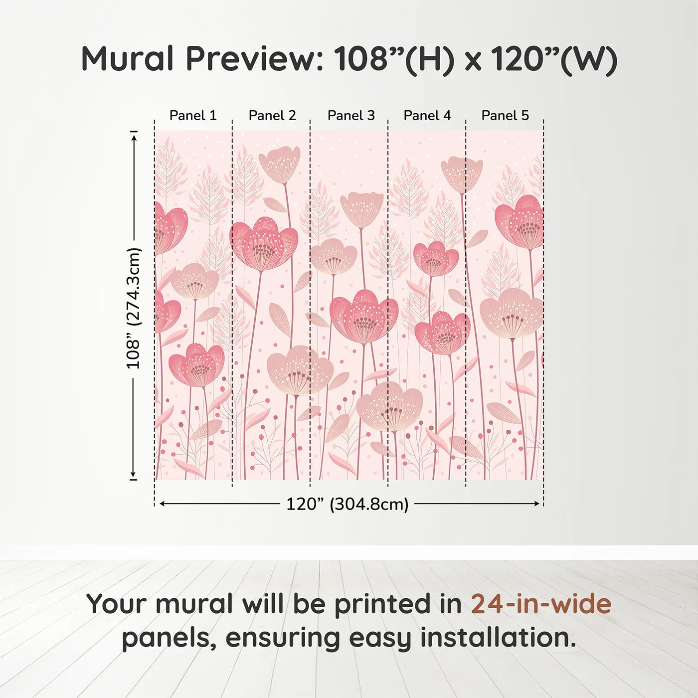 Whimsy Tots Pink Flower Meadow Wall Muraldimension view (108" H x 120" W). Printed in five 24-inch-wide panels. Best for Girls