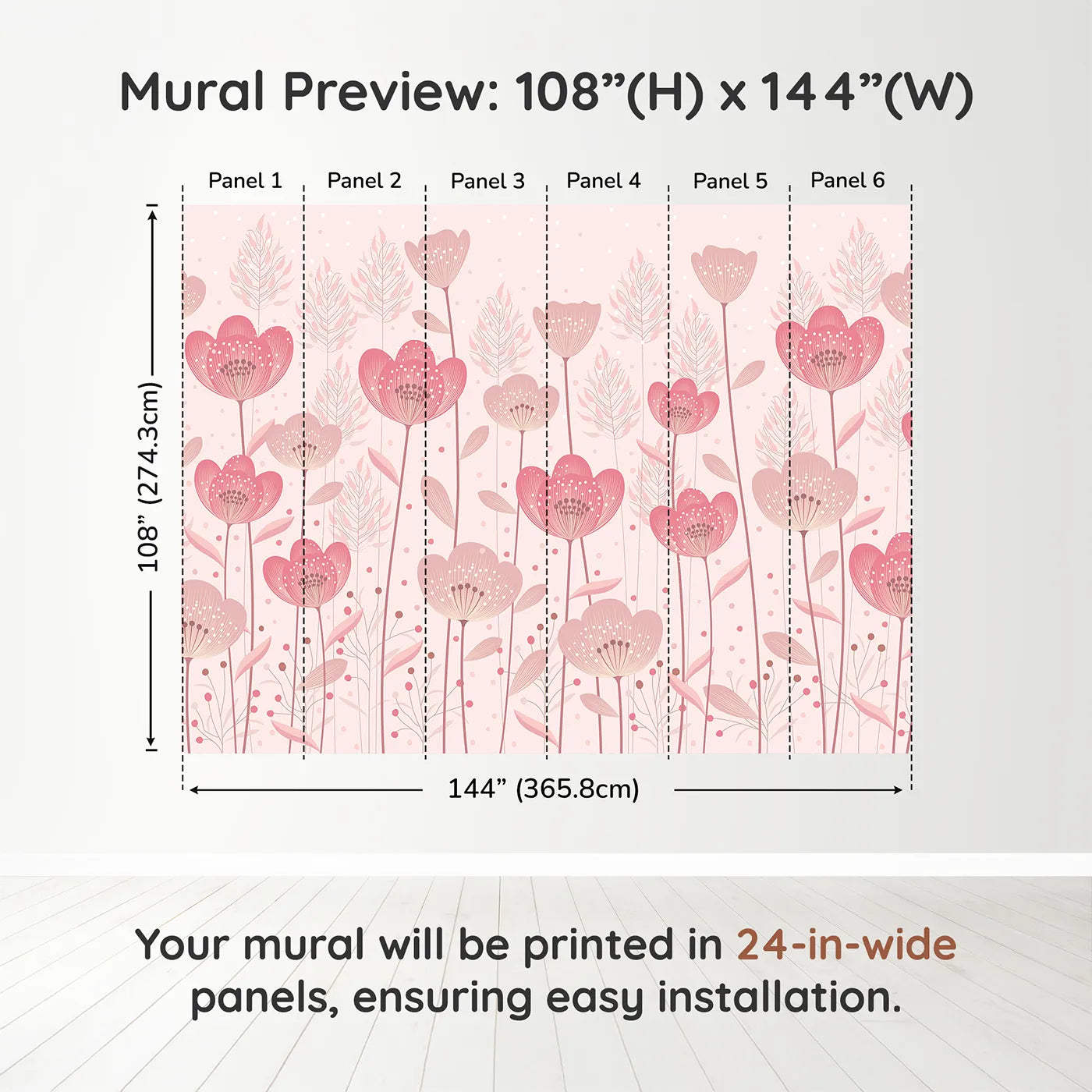 Whimsy Tots Pink Flower Meadow Wall Muraldimension view (108" H x 144" W). Printed in six 24-inch-wide panels. Best for Girls