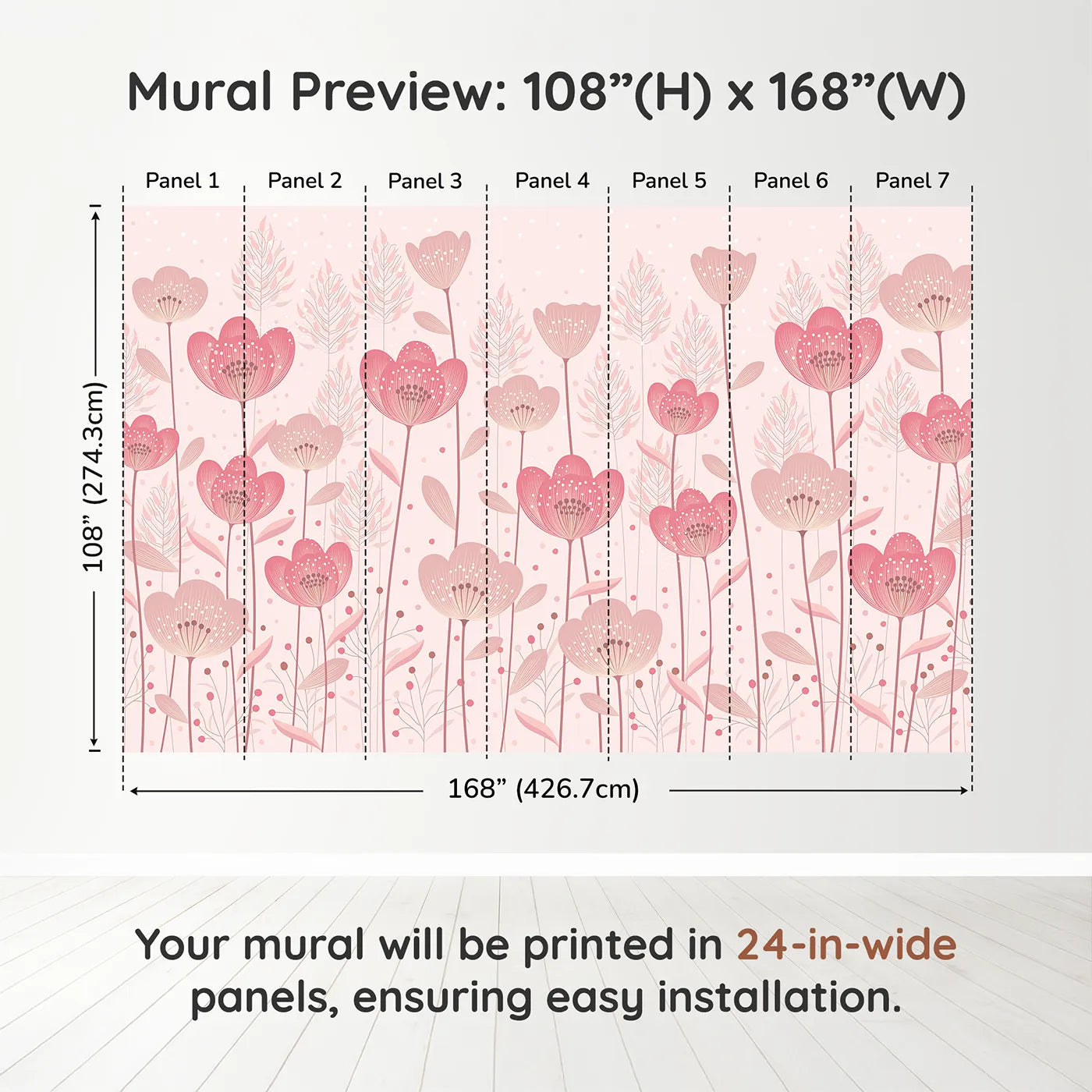Whimsy Tots Pink Flower Meadow Wall Muraldimension view (108" H x 168" W). Printed in seven 24-inch-wide panels. Best for Girls