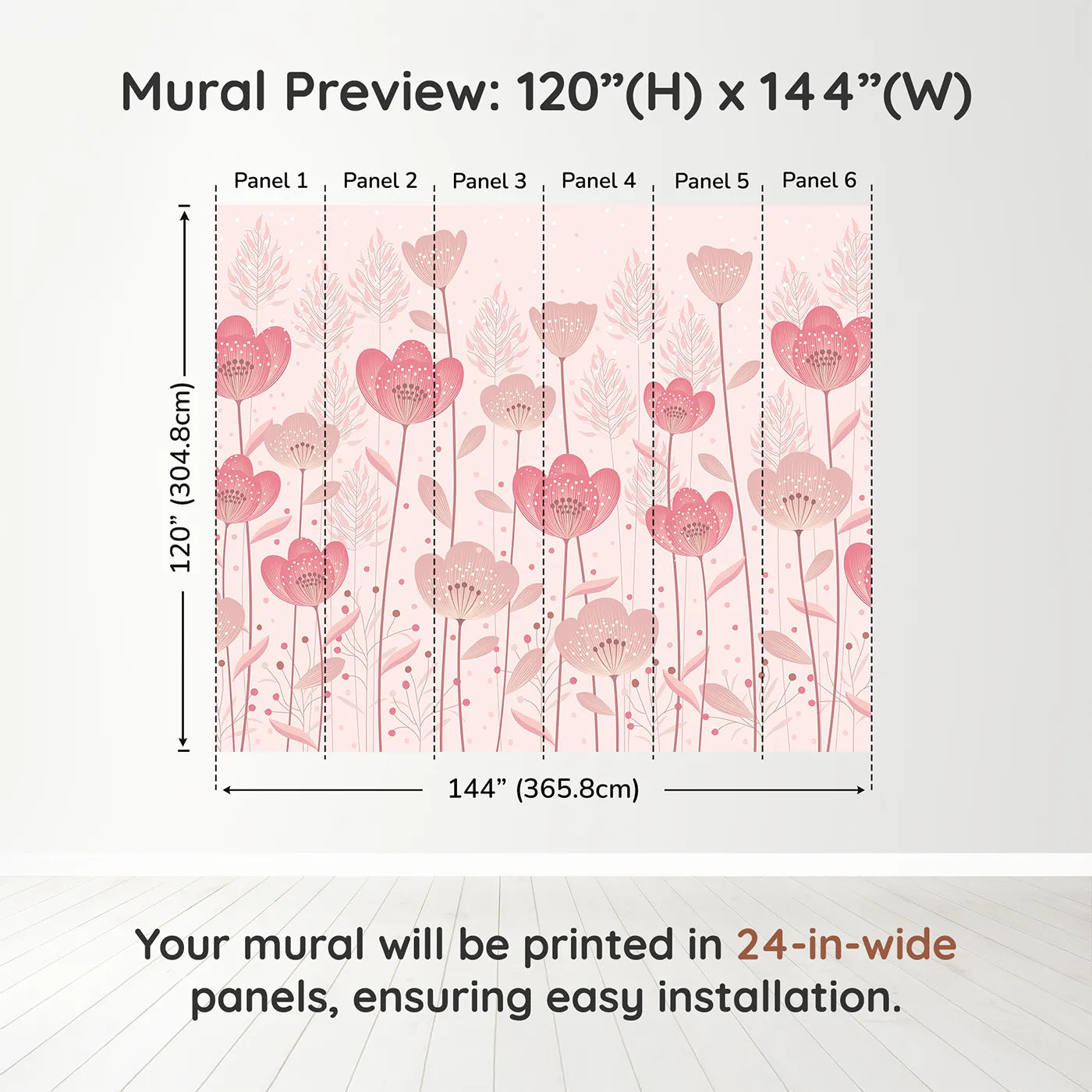 Whimsy Tots Pink Flower Meadow Wall Muraldimension view (120" H x 144" W). Printed in six 24-inch-wide panels. Best for Girls