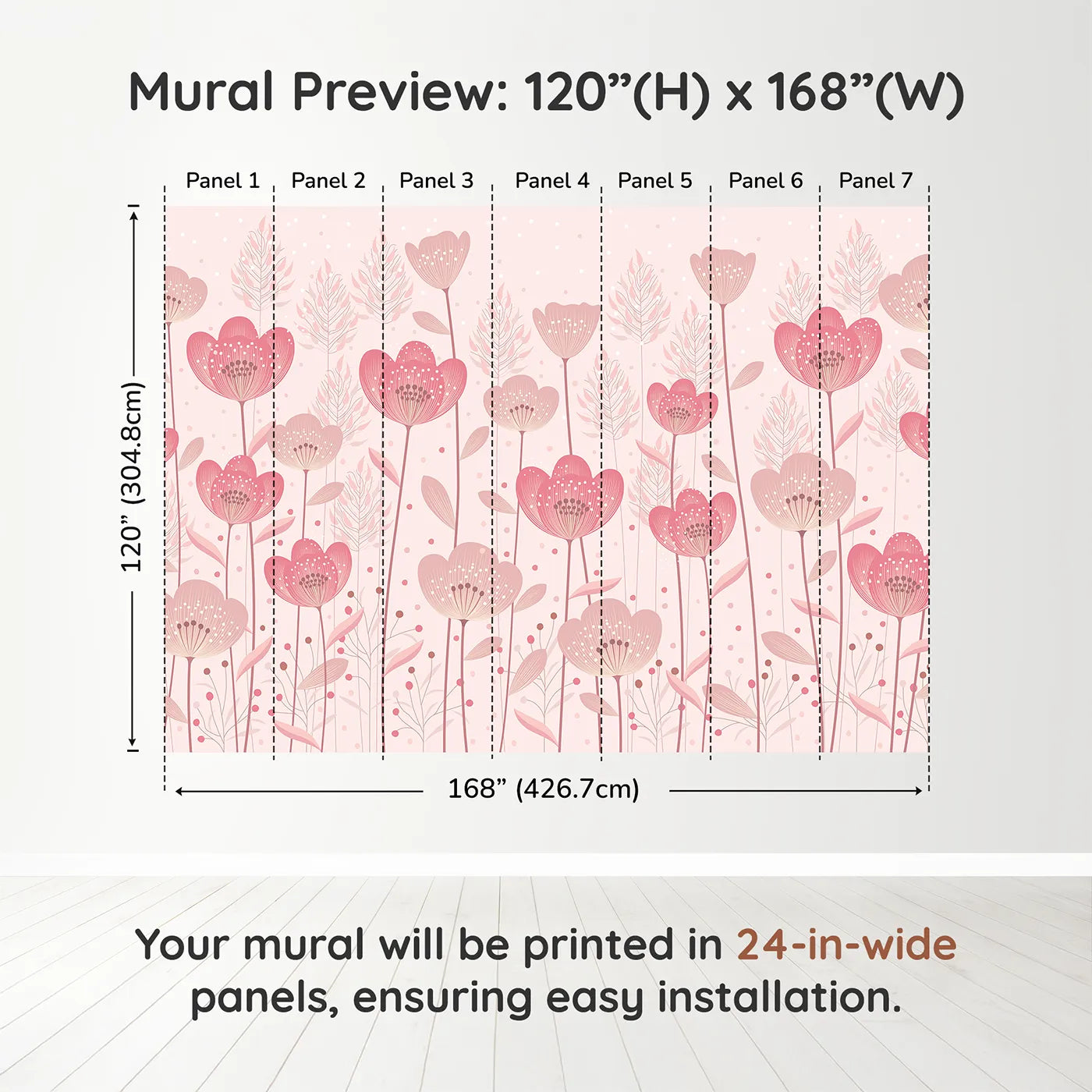 Whimsy Tots Pink Flower Meadow Wall Muraldimension view (120" H x 168" W). Printed in seven 24-inch-wide panels. Best for Girls
