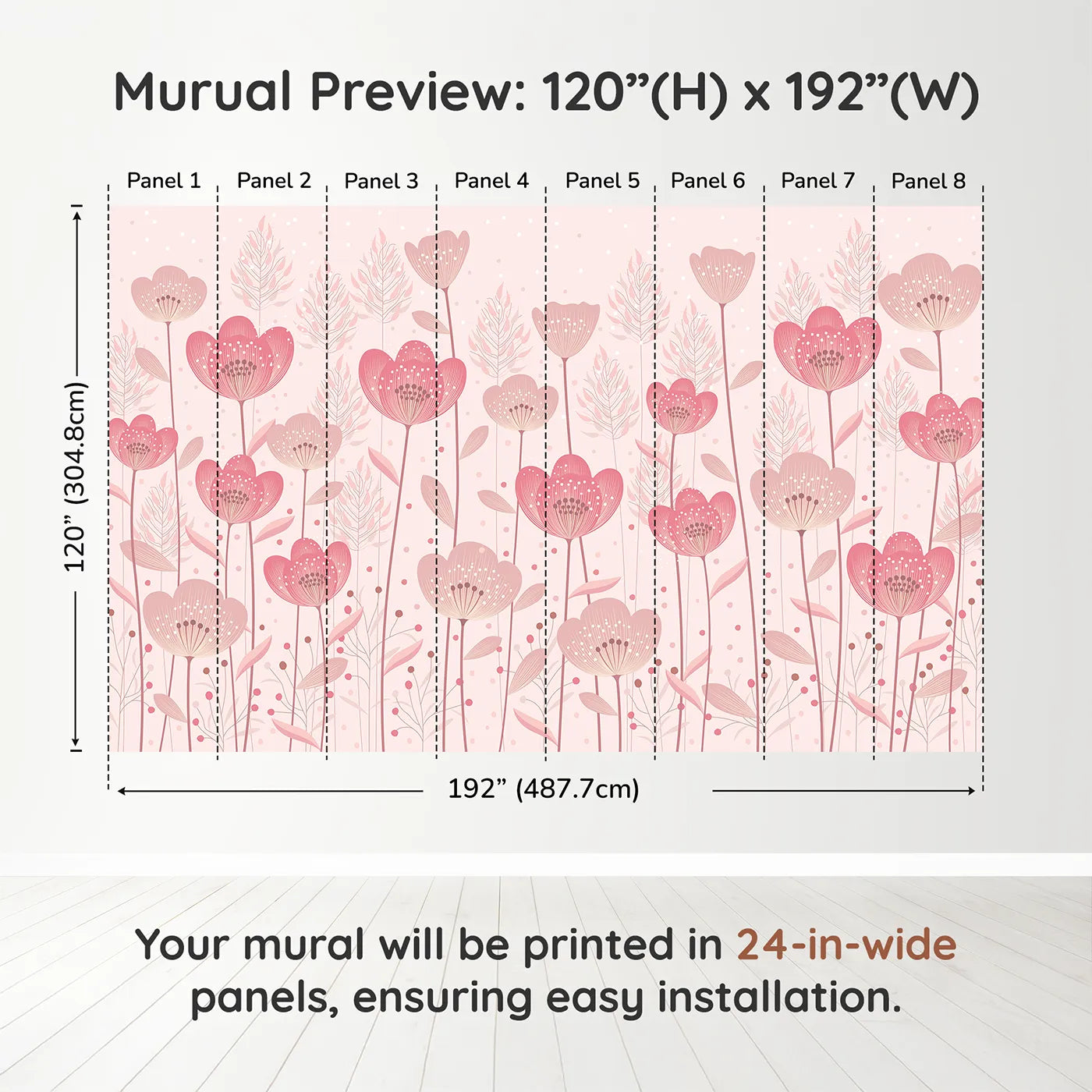 Whimsy Tots Pink Flower Meadow Wall Muraldimension view (120" H x 192" W). Printed in eight 24-inch-wide panels. Best for Girls