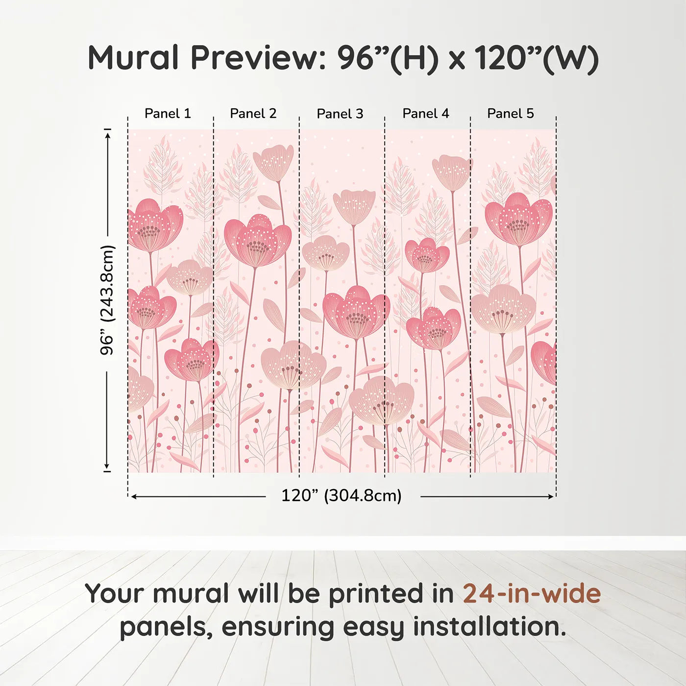 Whimsy Tots Pink Flower Meadow Wall Muraldimension view (96" H x 120" W). Printed in five 24-inch-wide panels. Best for Girls