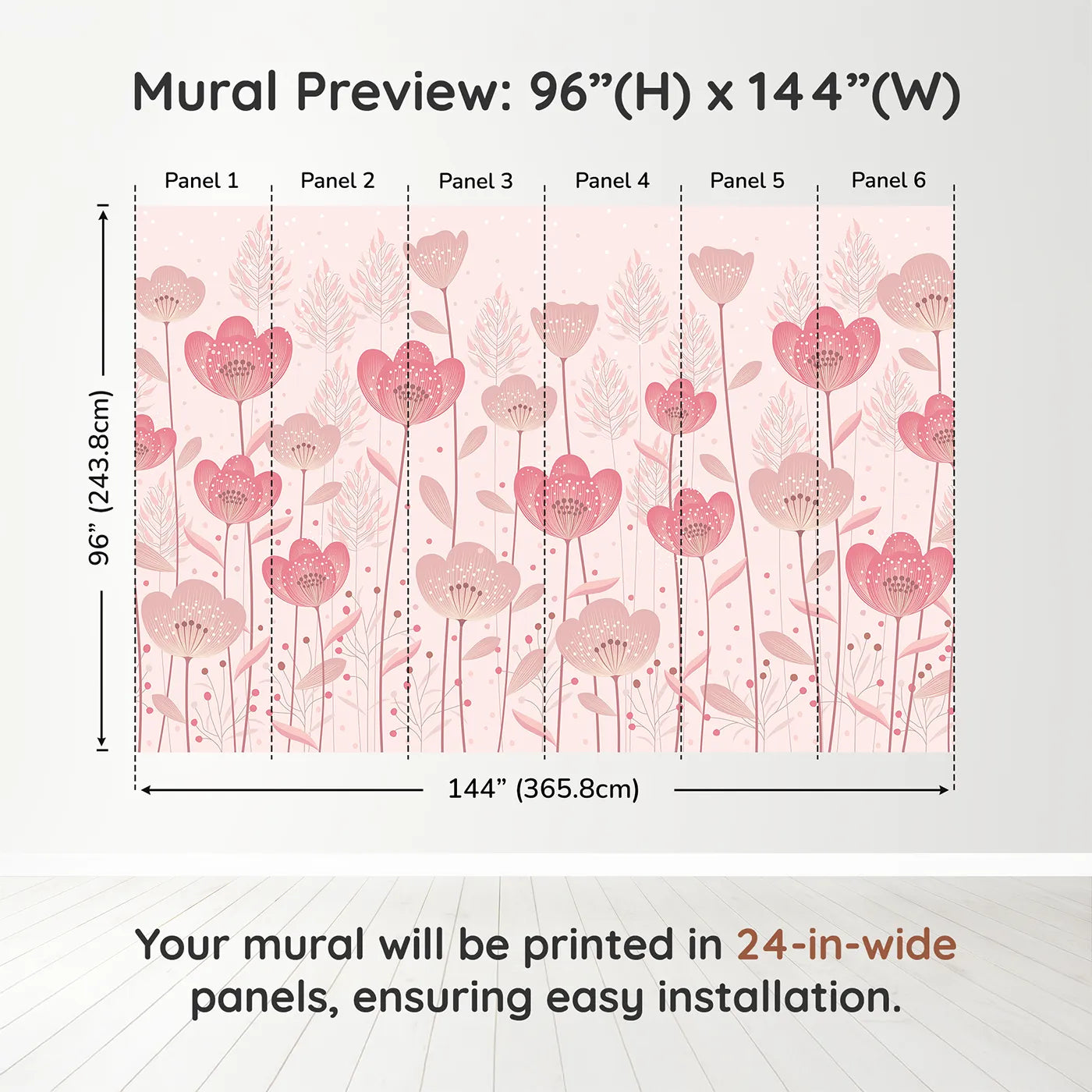 Whimsy Tots Pink Flower Meadow Wall Muraldimension view (96" H x 144" W). Printed in six 24-inch-wide panels. Best for Girls