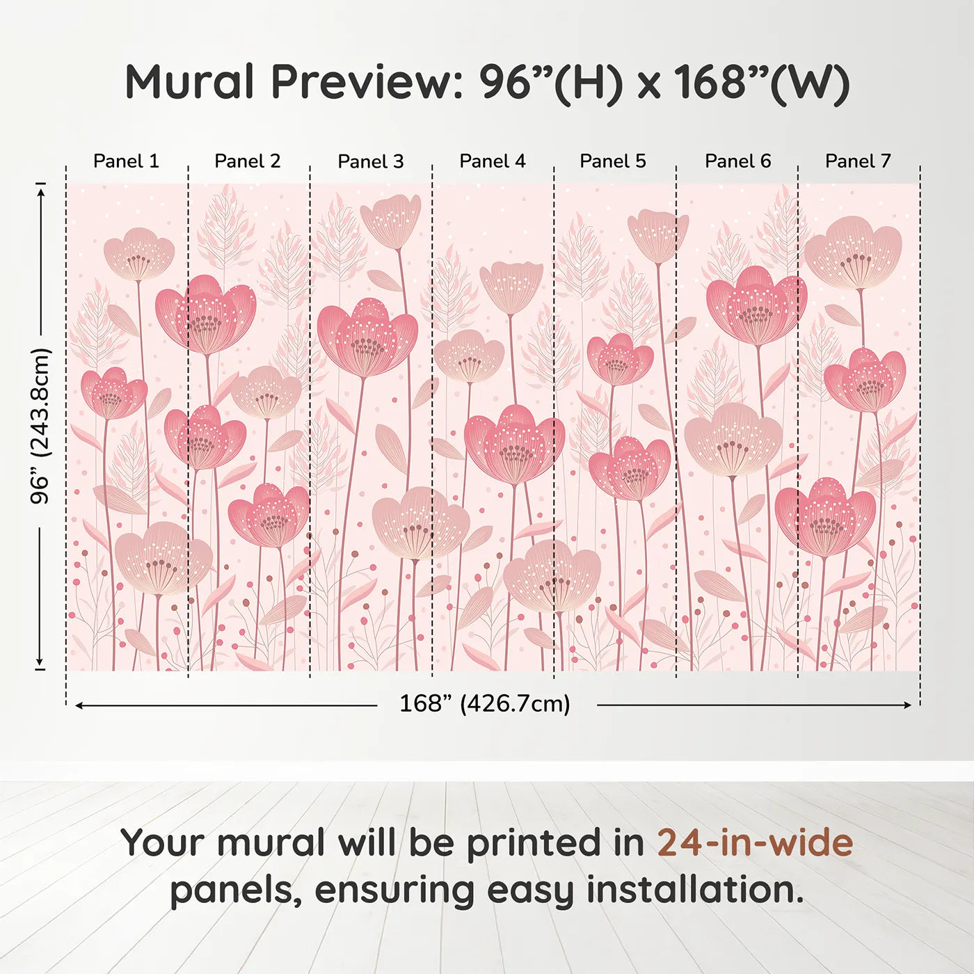 Whimsy Tots Pink Flower Meadow Wall Muraldimension view (96" H x 168" W). Printed in seven 24-inch-wide panels. Best for Girls