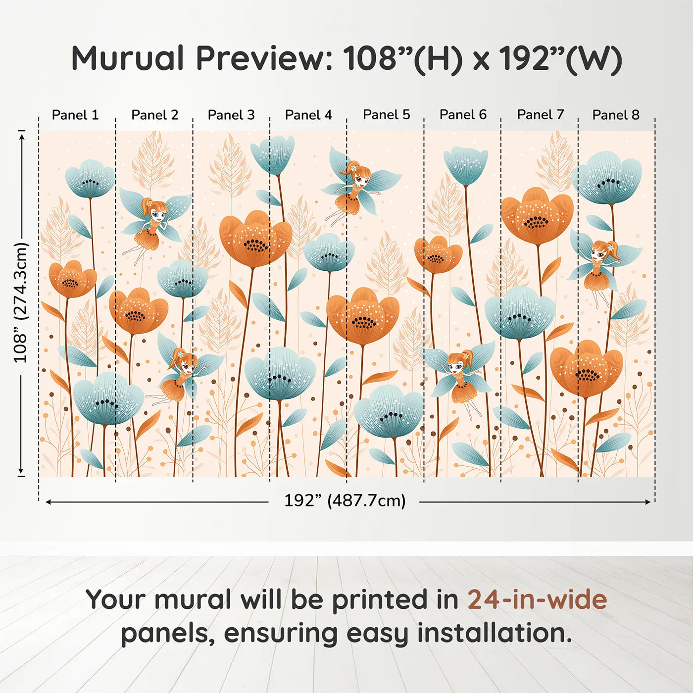 Whimsy Tots Fairy Flower Garden Wall Mural in Orangedimension view (108" H x 192" W). Printed in eight 24-inch-wide panels. Best for Girls