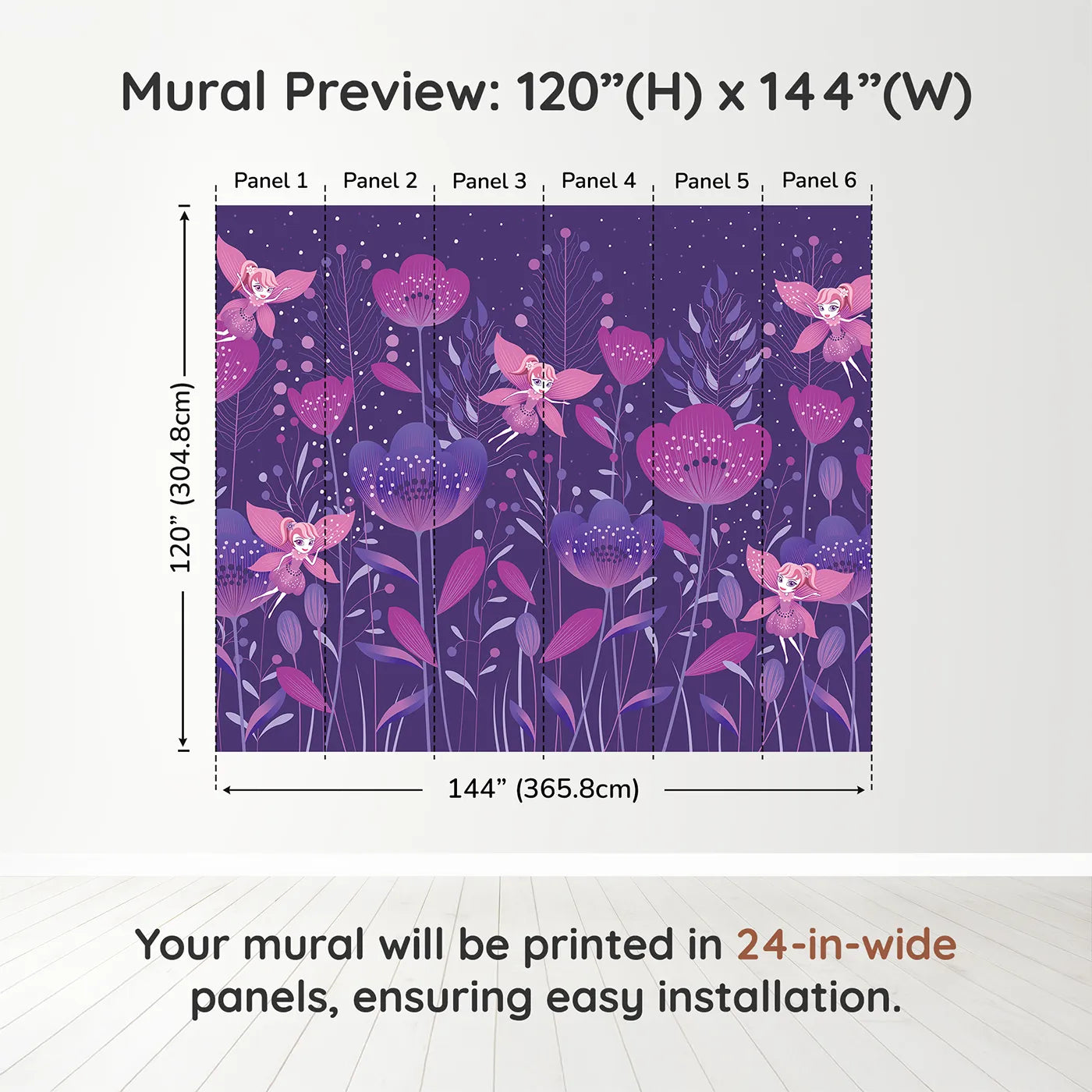 Whimsy Tots Fairy Flower Garden Wall Mural in Purpledimension view (120" H x 144" W). Printed in six 24-inch-wide panels. Best for Girls