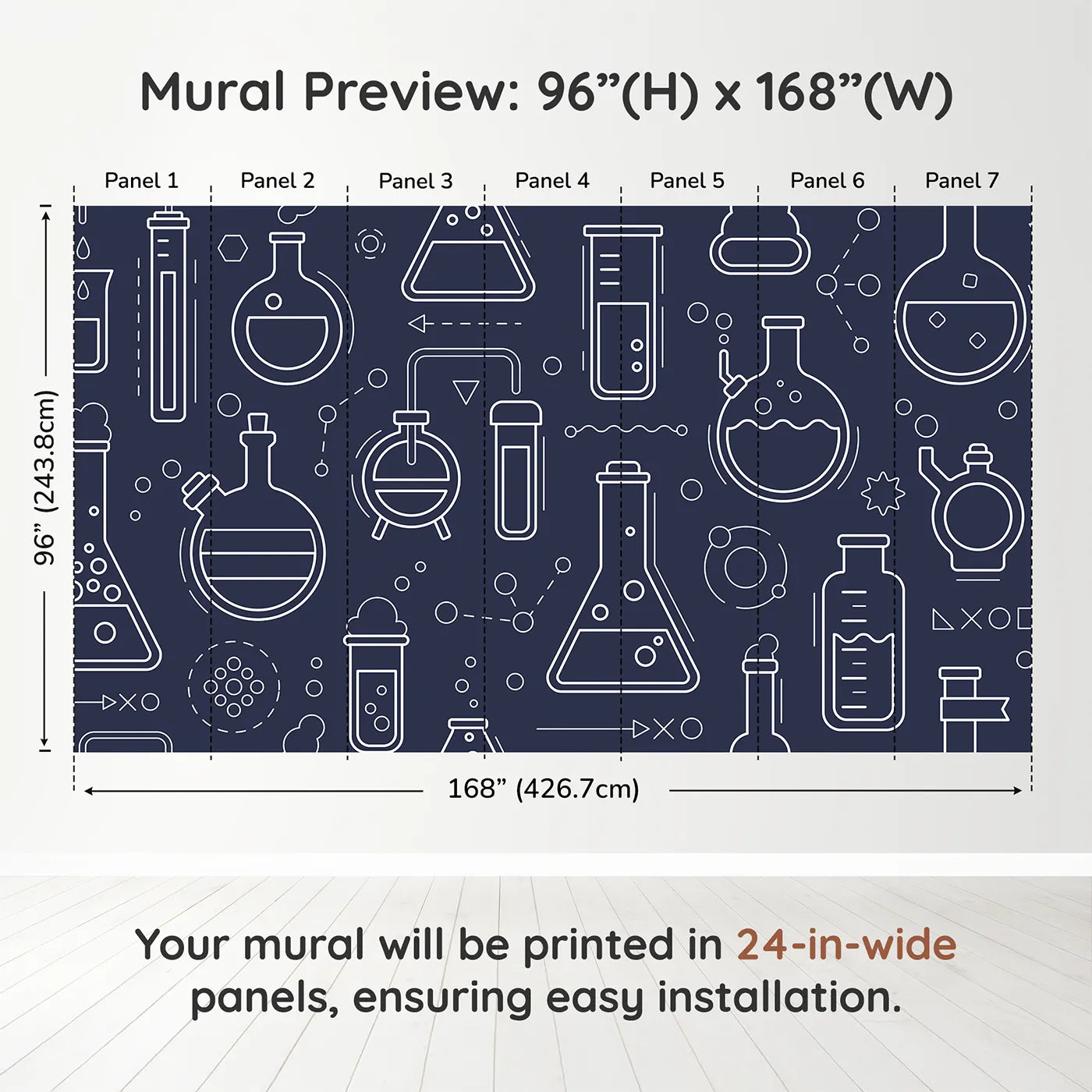 Whimsy Tots Chemistry Lab Line Art Wall Muraldimension view (96" H x 168" W). Printed in seven 24-inch-wide panels. Gender-Neutral
