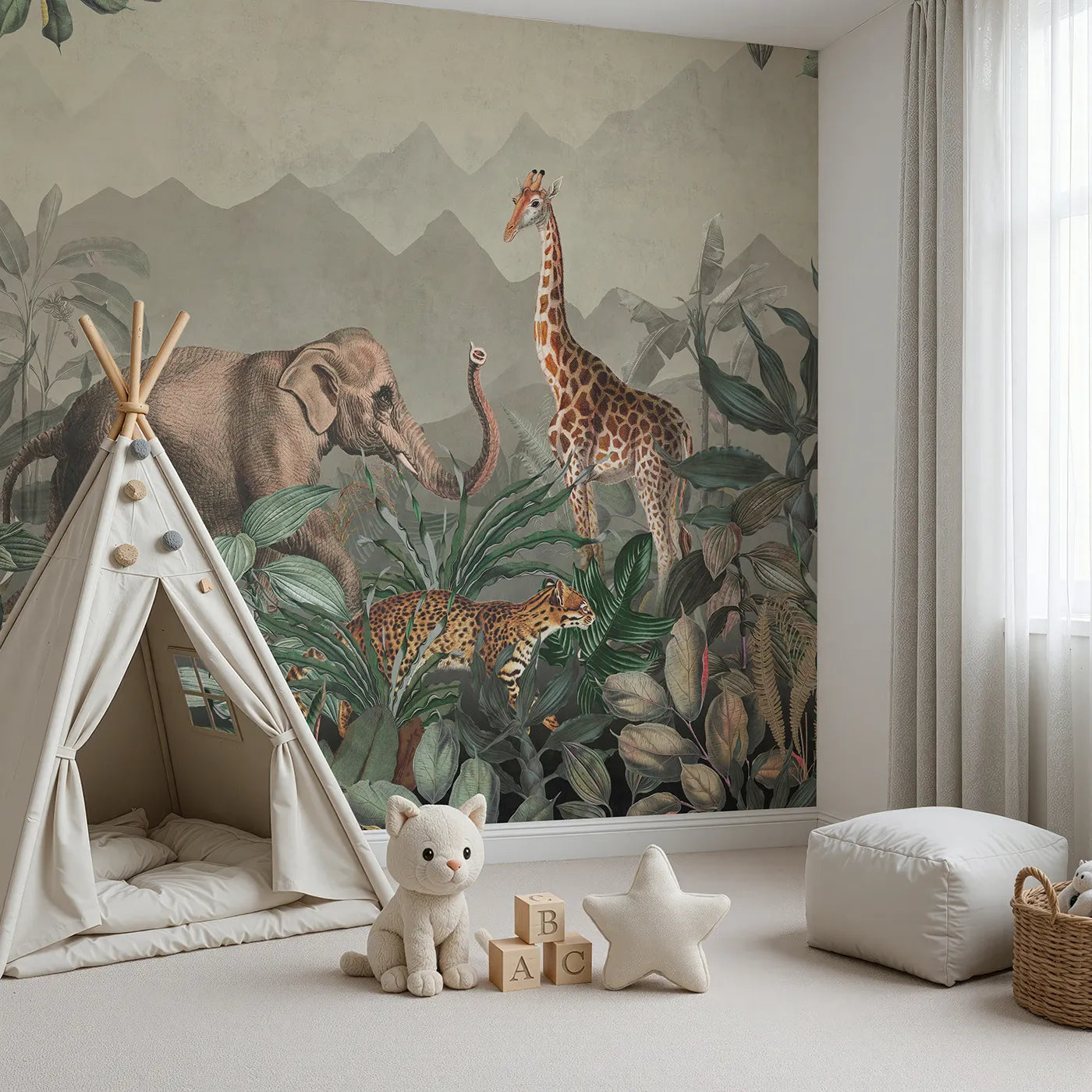 Angled view of Whimsy Tots' Vintage Jungle Safari Wall Mural (Turn Their Room into a Classic, Old-World Expedition).Gender-Neutral