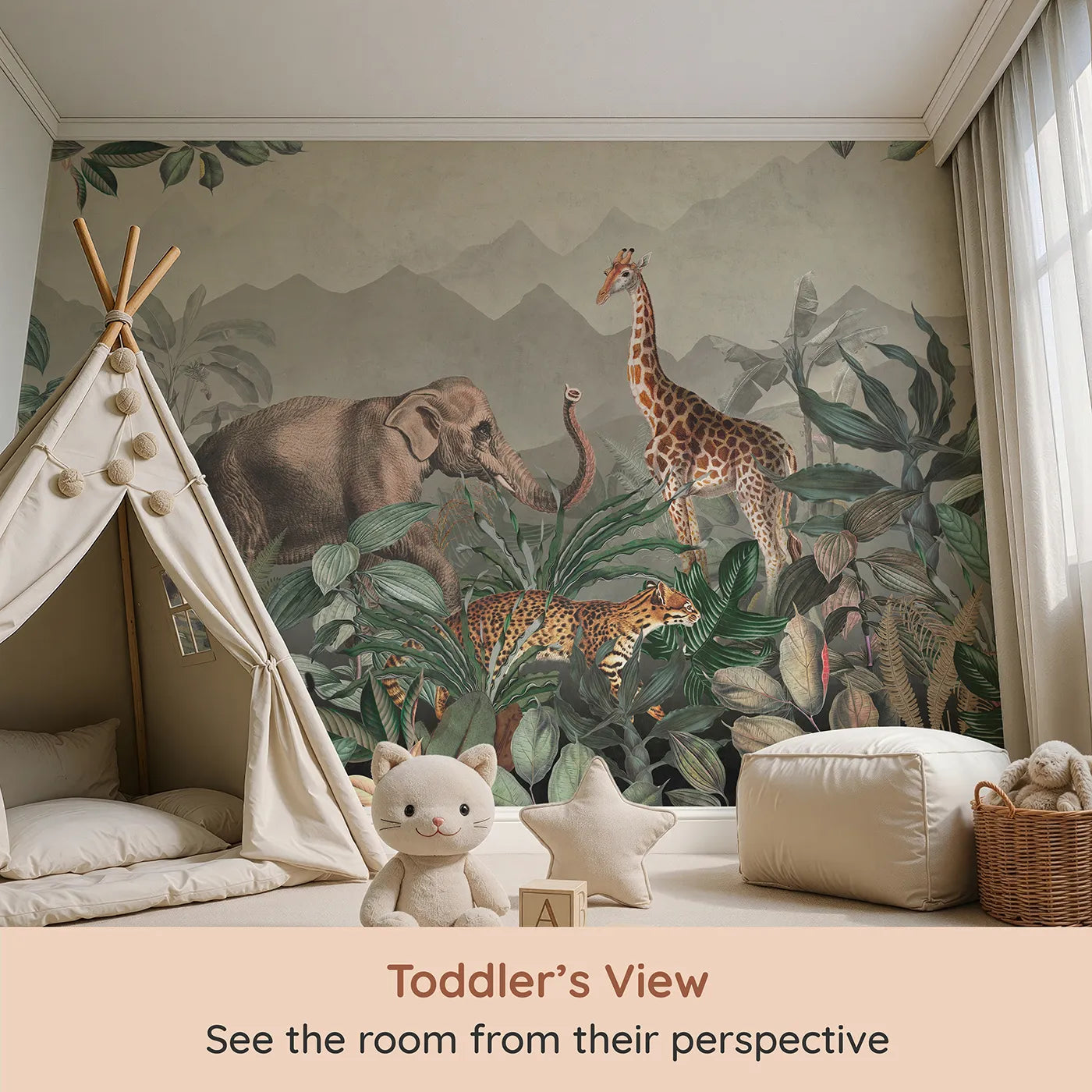 Whimsy Tots Vintage Jungle Safari Wall Mural (Turn Their Room into a Classic, Old-World Expedition) from your child's view.Gender-Neutral