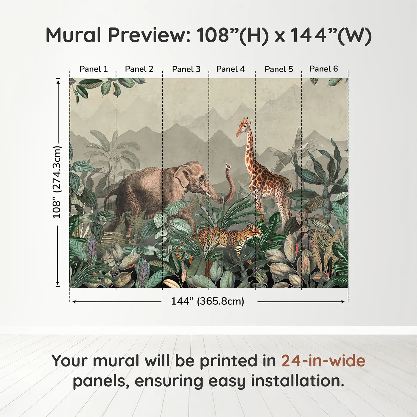 Whimsy Tots Vintage Jungle Safari Wall Muraldimension view (108" H x 144" W). Printed in six 24-inch-wide panels. Gender-Neutral