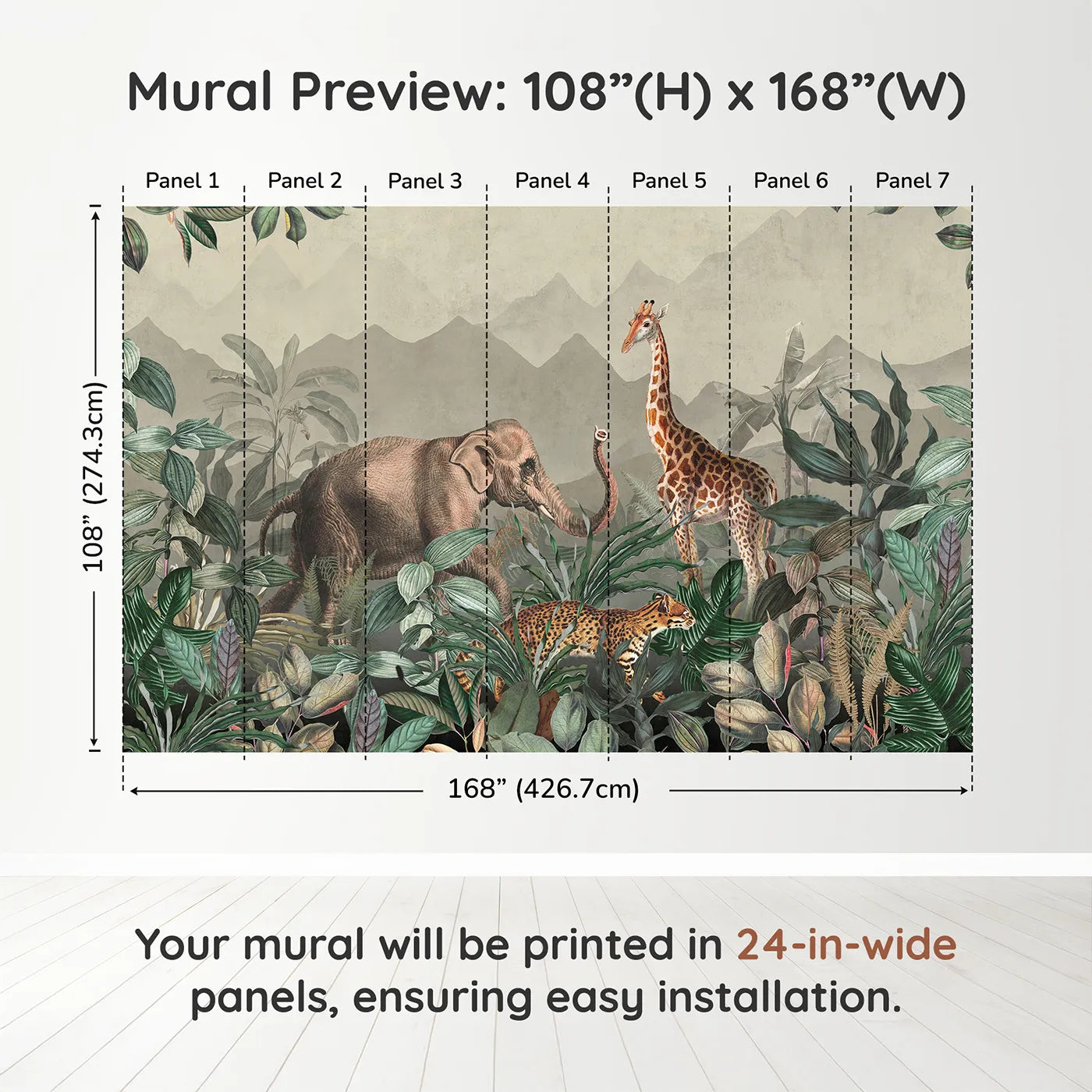 Whimsy Tots Vintage Jungle Safari Wall Muraldimension view (108" H x 168" W). Printed in seven 24-inch-wide panels. Gender-Neutral