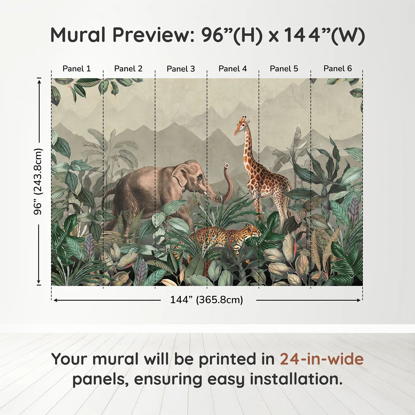 Whimsy Tots Vintage Jungle Safari Wall Muraldimension view (96" H x 144" W). Printed in six 24-inch-wide panels. Gender-Neutral