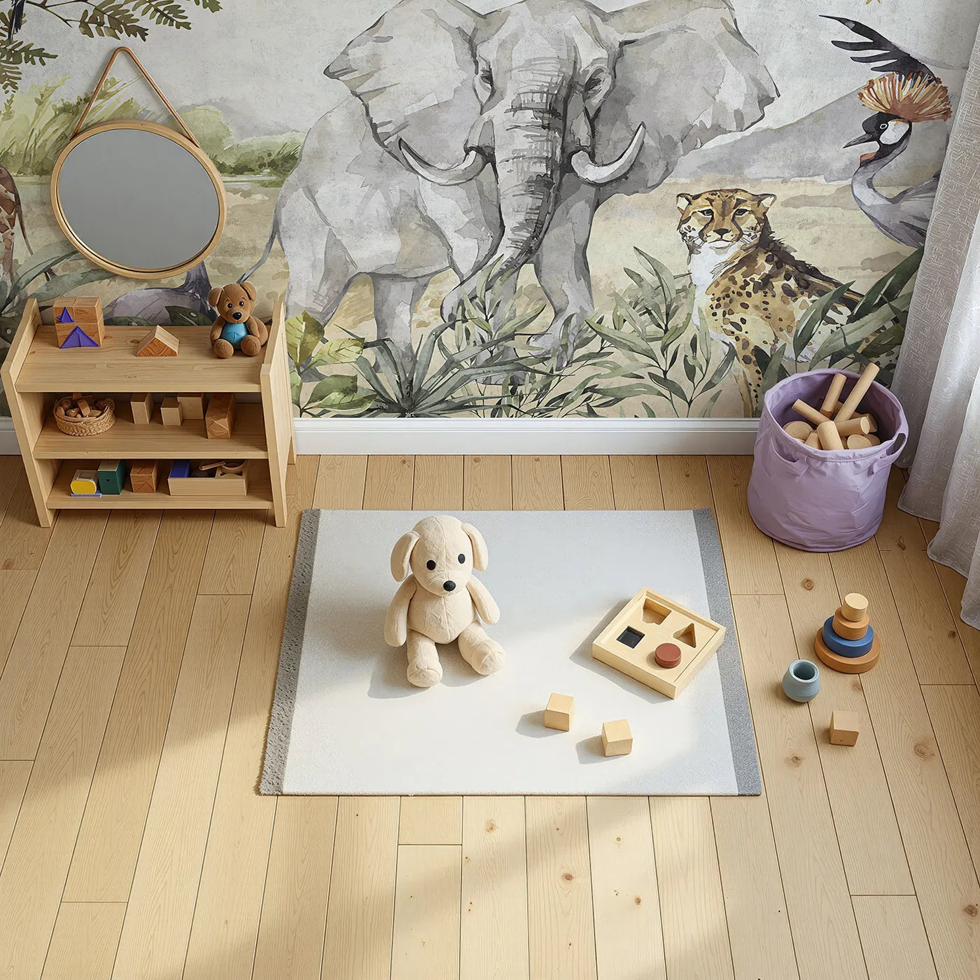 Top-down view of Whimsy Tots' Watercolor Savannah Wall Mural (Turn Their Room into a Majestic, Painted African Plain).Gender-Neutral
