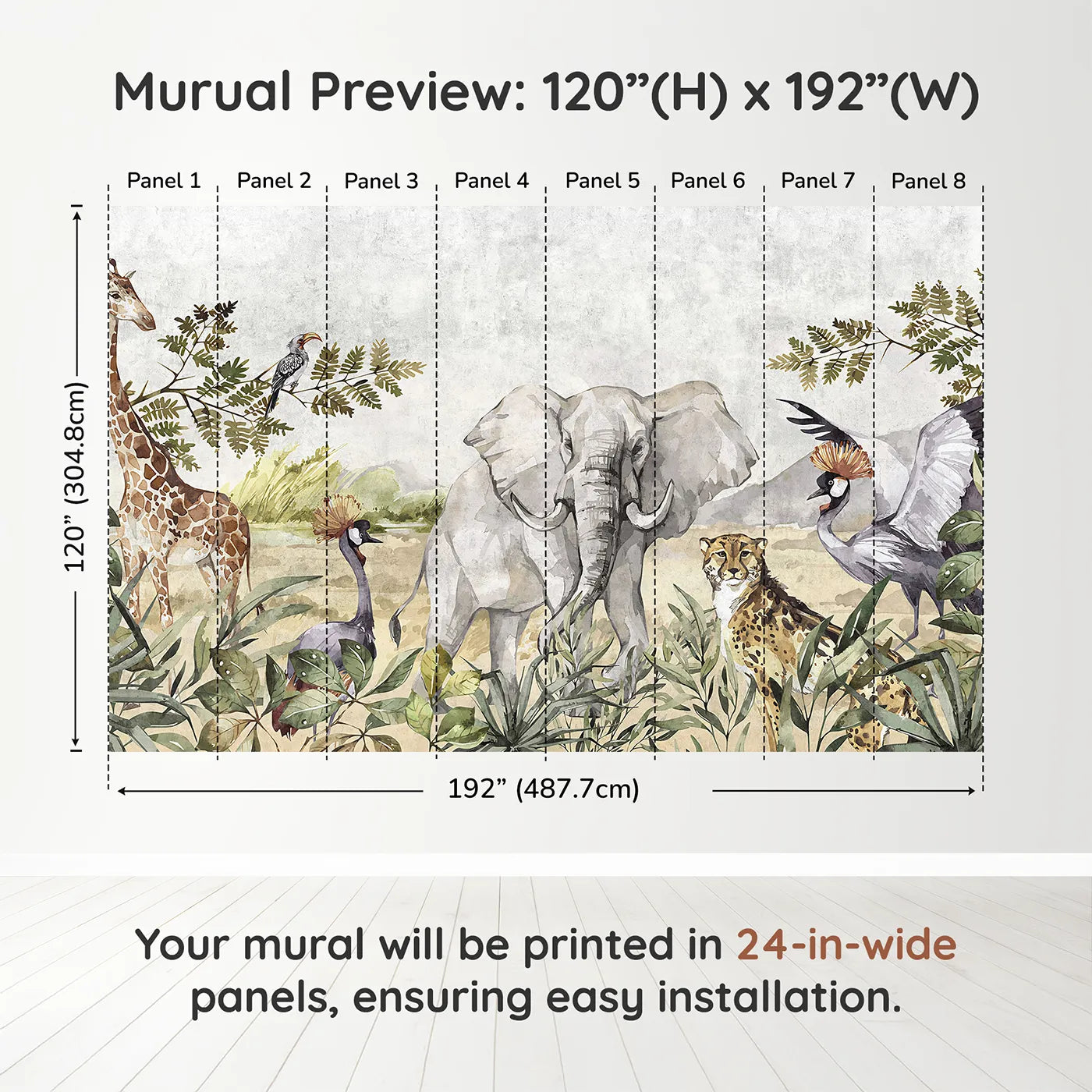 Whimsy Tots Watercolor Savannah Wall Muraldimension view (120" H x 192" W). Printed in eight 24-inch-wide panels. Gender-Neutral
