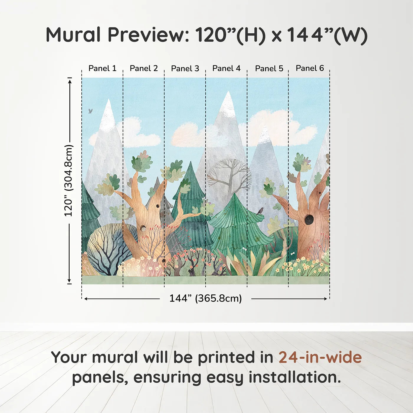 Whimsy Tots Whimsical Forest Border Wall Muraldimension view (120" H x 144" W). Printed in six 24-inch-wide panels. Gender-Neutral