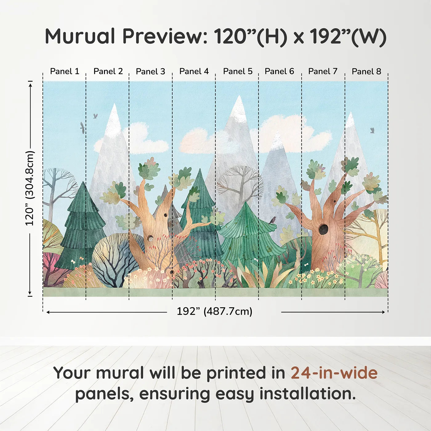 Whimsy Tots Whimsical Forest Border Wall Muraldimension view (120" H x 192" W). Printed in eight 24-inch-wide panels. Gender-Neutral